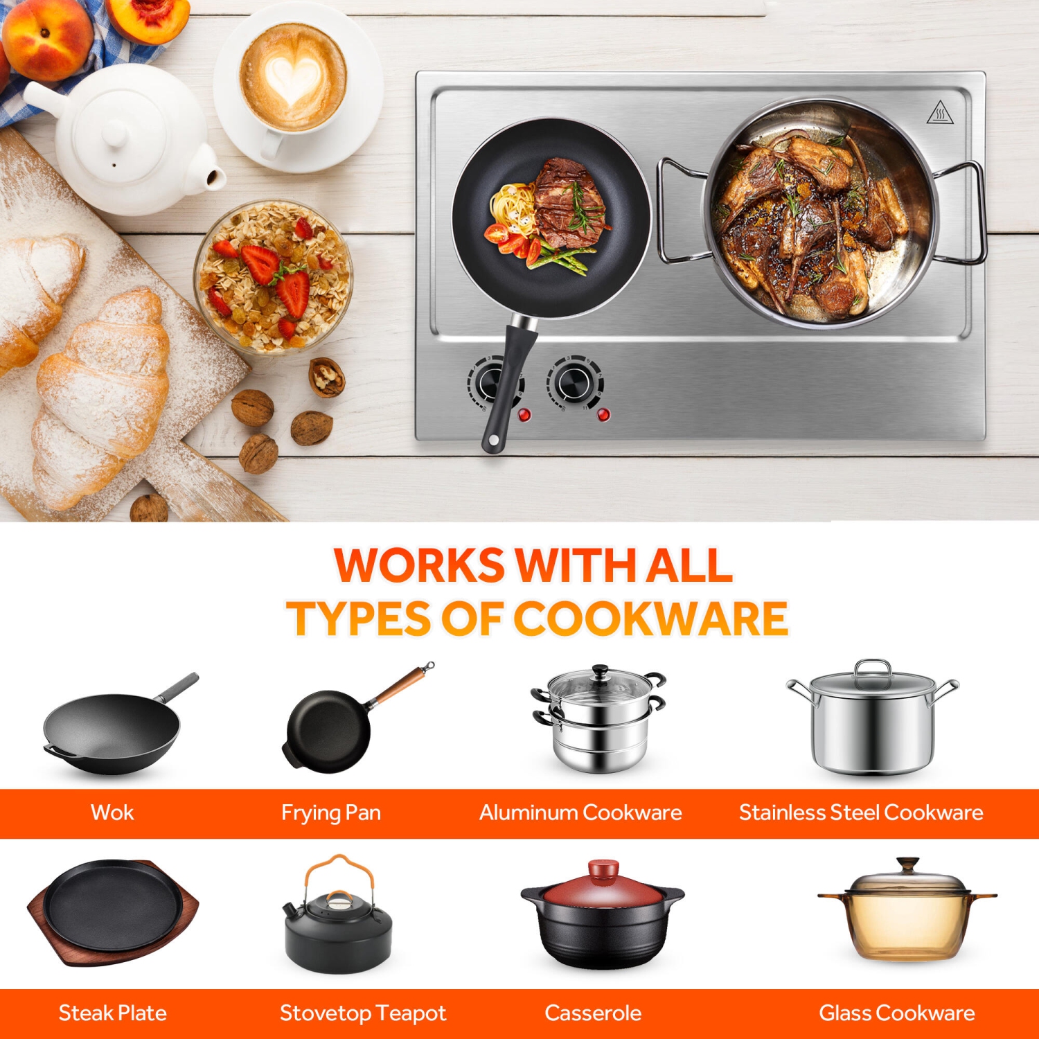 1800W Double Hot Plate, Built-in and Countertop Burner with Cast Iron Burners for All Types of Cookware
