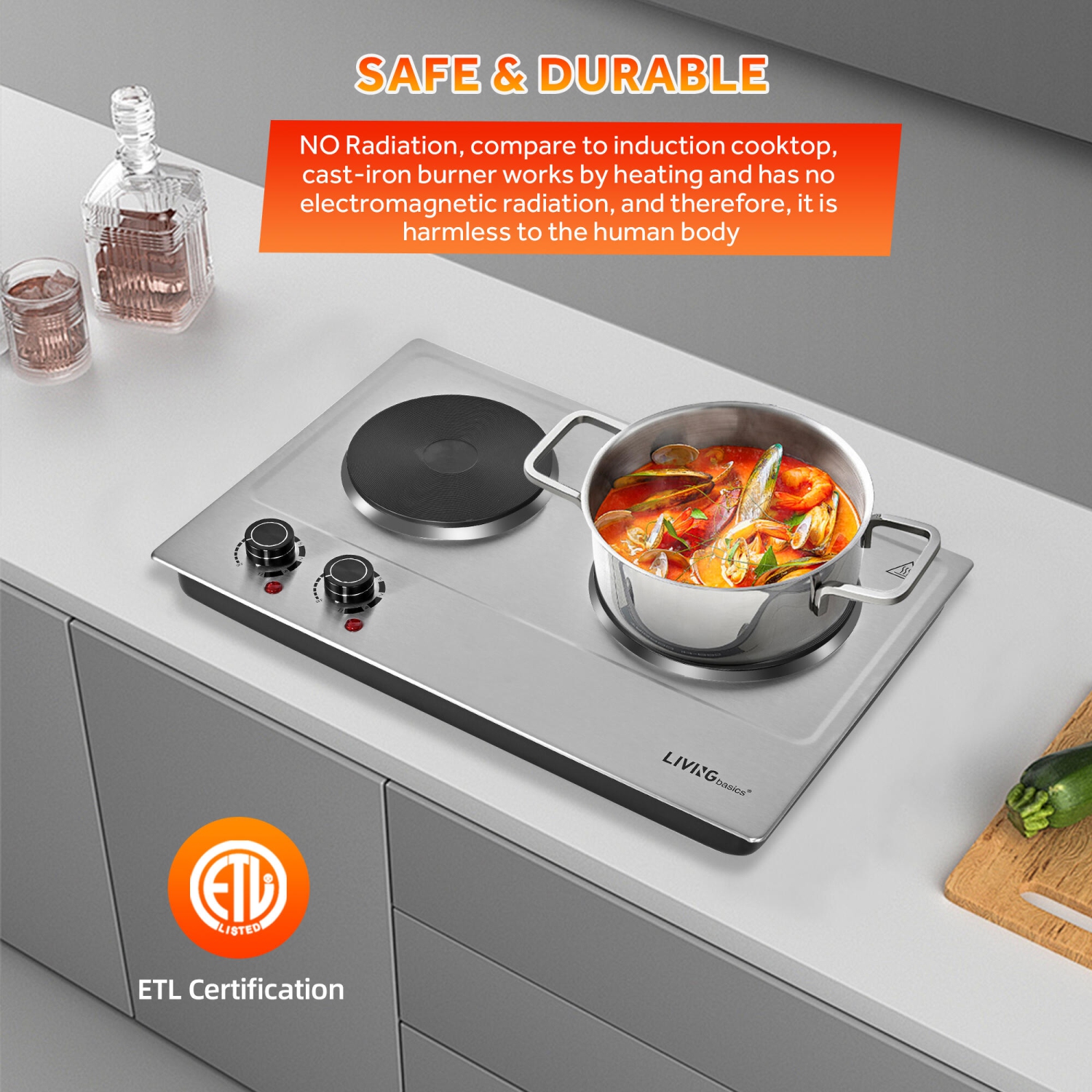 1800W Double Hot Plate, Built-in and Countertop Burner with Cast Iron Burners for All Types of Cookware