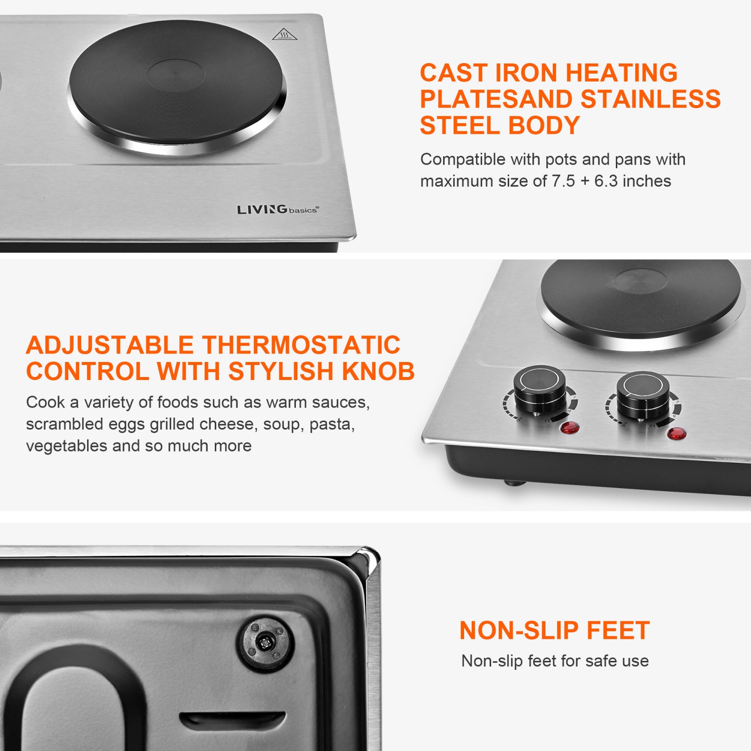 1800W Double Hot Plate, Built-in and Countertop Burner with Cast Iron Burners for All Types of Cookware