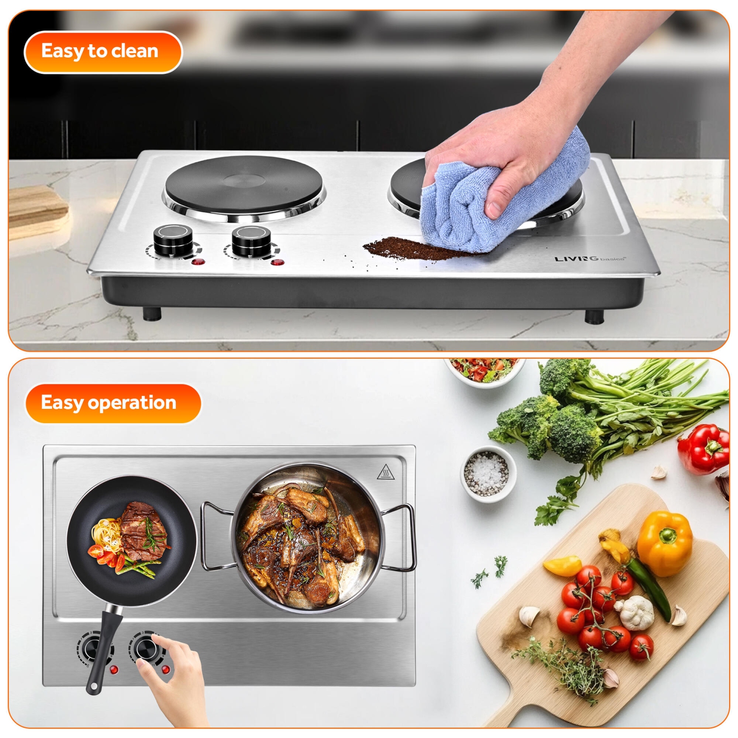 1800W Double Hot Plate, Built-in and Countertop Burner with Cast Iron Burners for All Types of Cookware