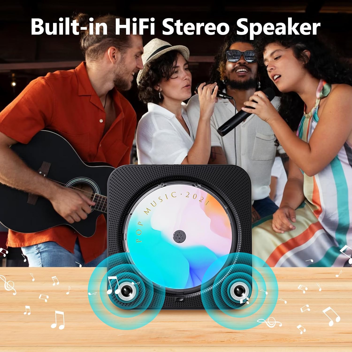 Lecteur CD portatif avec Bluetooth, lecteur CD de bureau avec haut-parleurs haute fidélité, télécommande, housse antipoussière, écran LED, radio