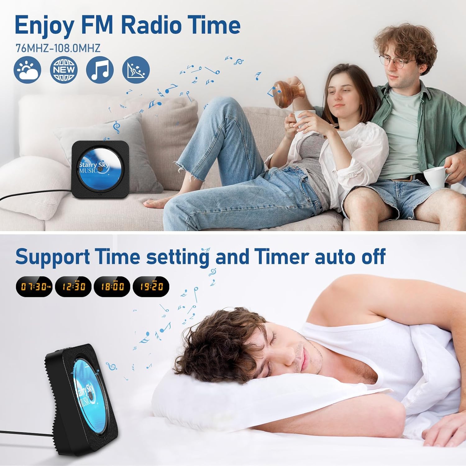 Lecteur CD portatif avec Bluetooth, lecteur CD de bureau avec haut-parleurs haute fidélité, télécommande, housse antipoussière, écran LED, radio