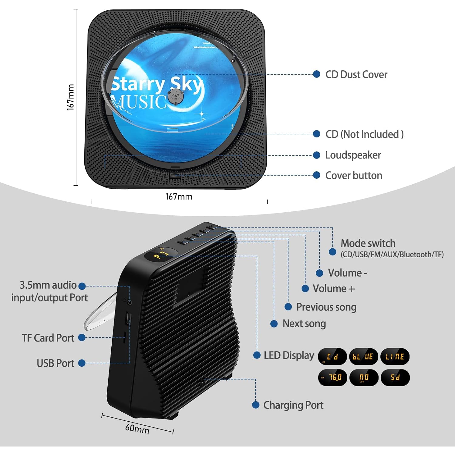 Lecteur CD portatif avec Bluetooth, lecteur CD de bureau avec haut-parleurs haute fidélité, télécommande, housse antipoussière, écran LED, radio