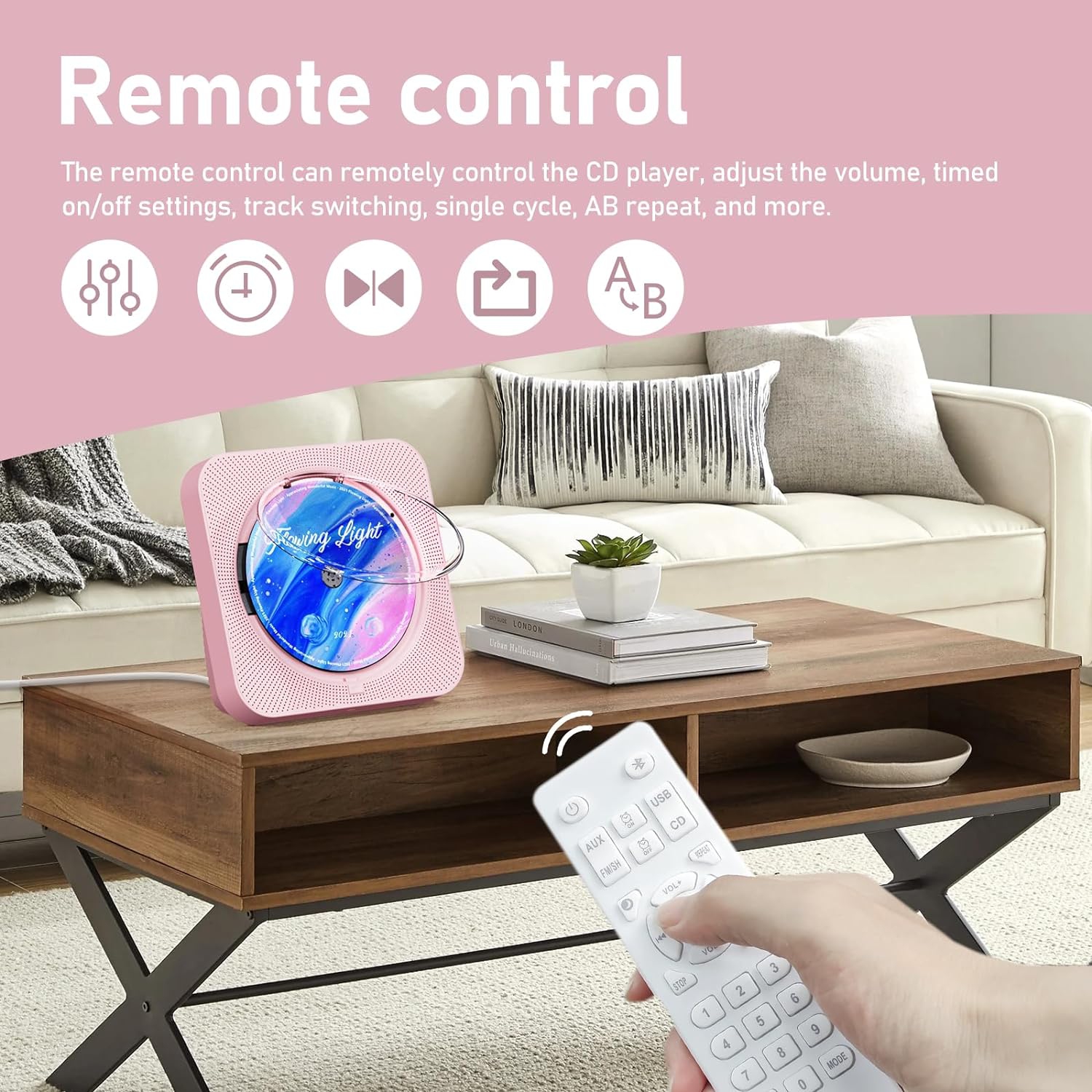 Lecteur CD portatif avec Bluetooth, lecteur CD de bureau avec haut-parleurs haute fidélité, télécommande, housse antipoussière, écran LED, radio