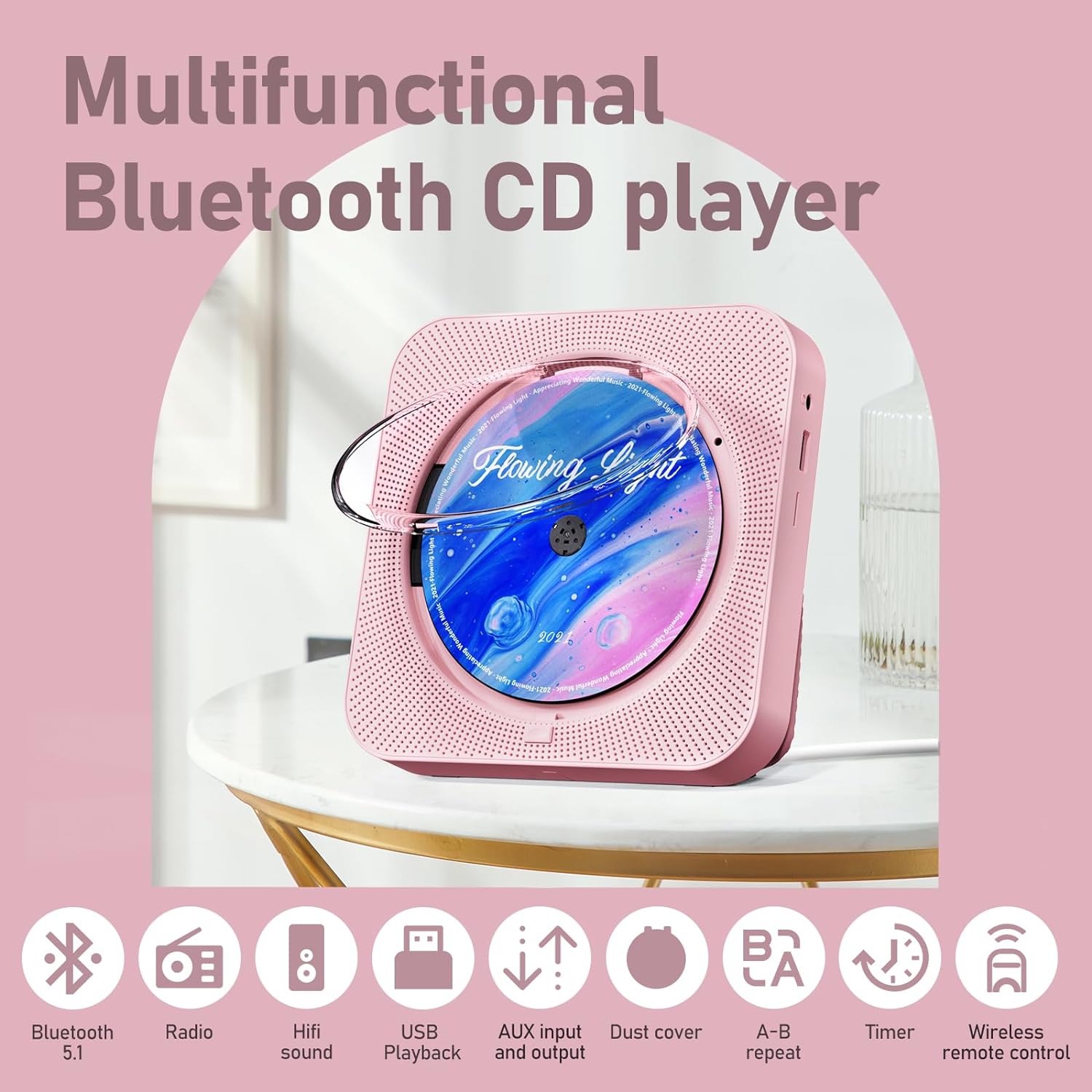 Lecteur CD portatif avec Bluetooth, lecteur CD de bureau avec haut-parleurs haute fidélité, télécommande, housse antipoussière, écran LED, radio