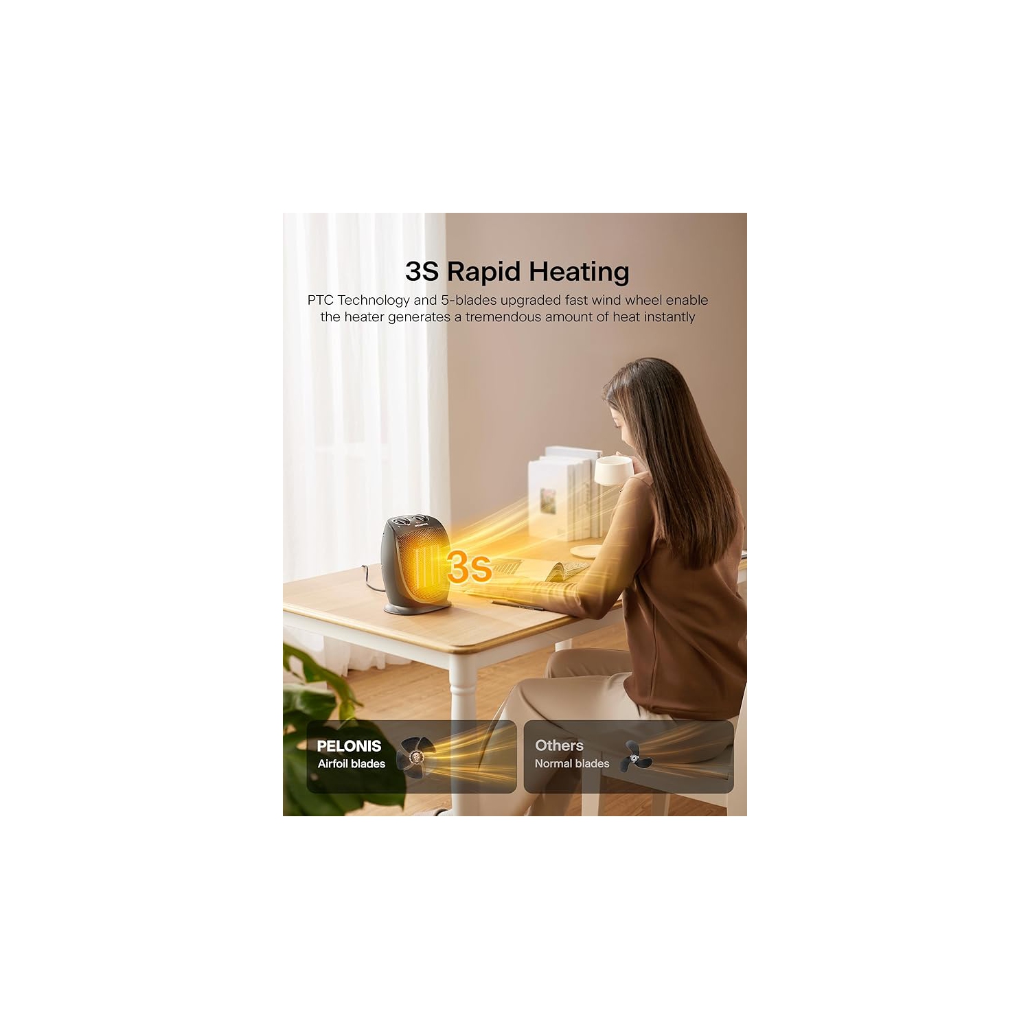 PELONIS Portable Electric Space Heater, 1500W Ceramic Heaters for Home, Office, Personal Use, Quiet Cooling & Heating Mode Room Heater for All