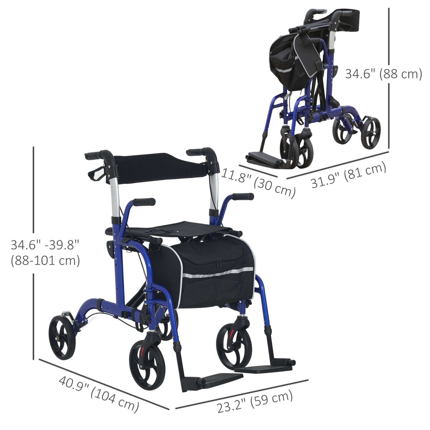 HOMCOM Aluminum Rollator Walker with Seat, Folding Mobility Rolling Walker for Seniors with 8" Wheels, Storage Bag, Adjustable Height, Pearlescent