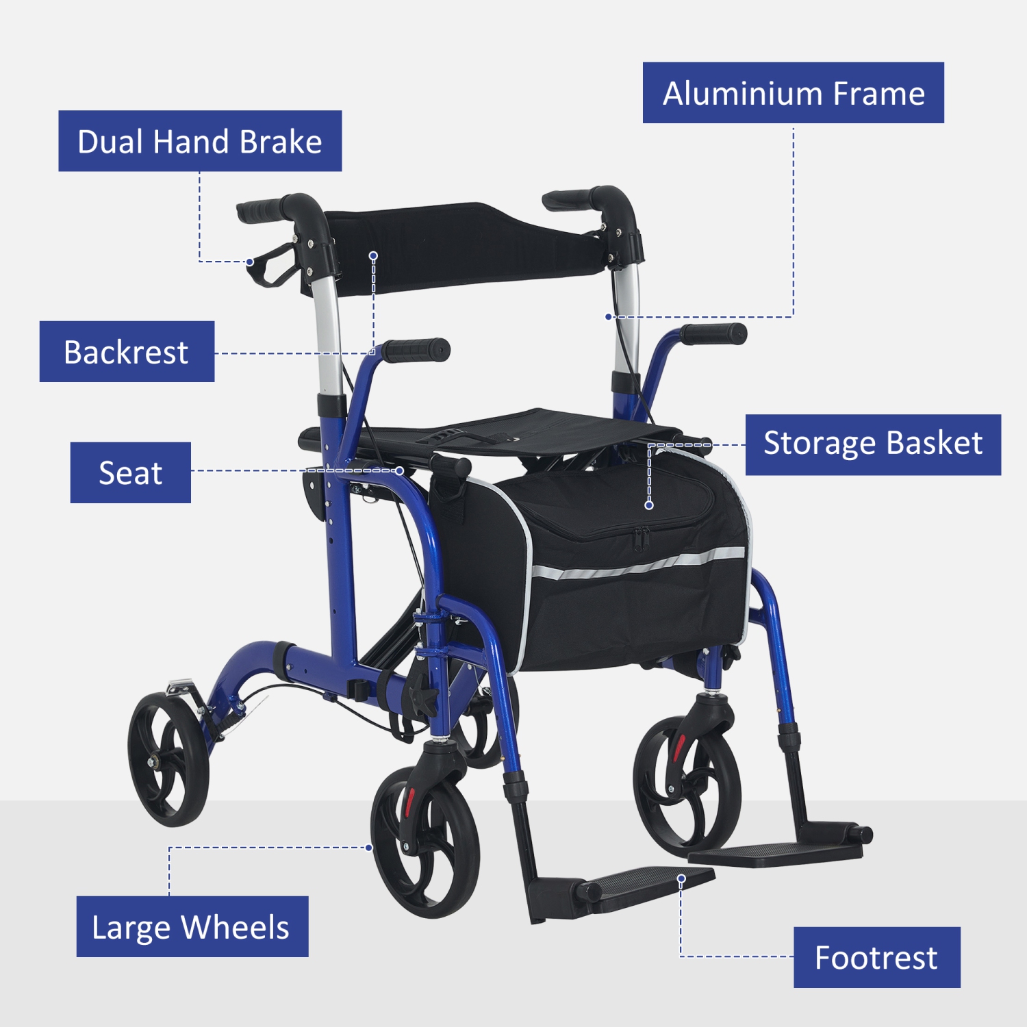 HOMCOM Aluminum Rollator Walker with Seat, Folding Mobility Rolling Walker for Seniors with 8" Wheels, Storage Bag, Adjustable Height, Pearlescent
