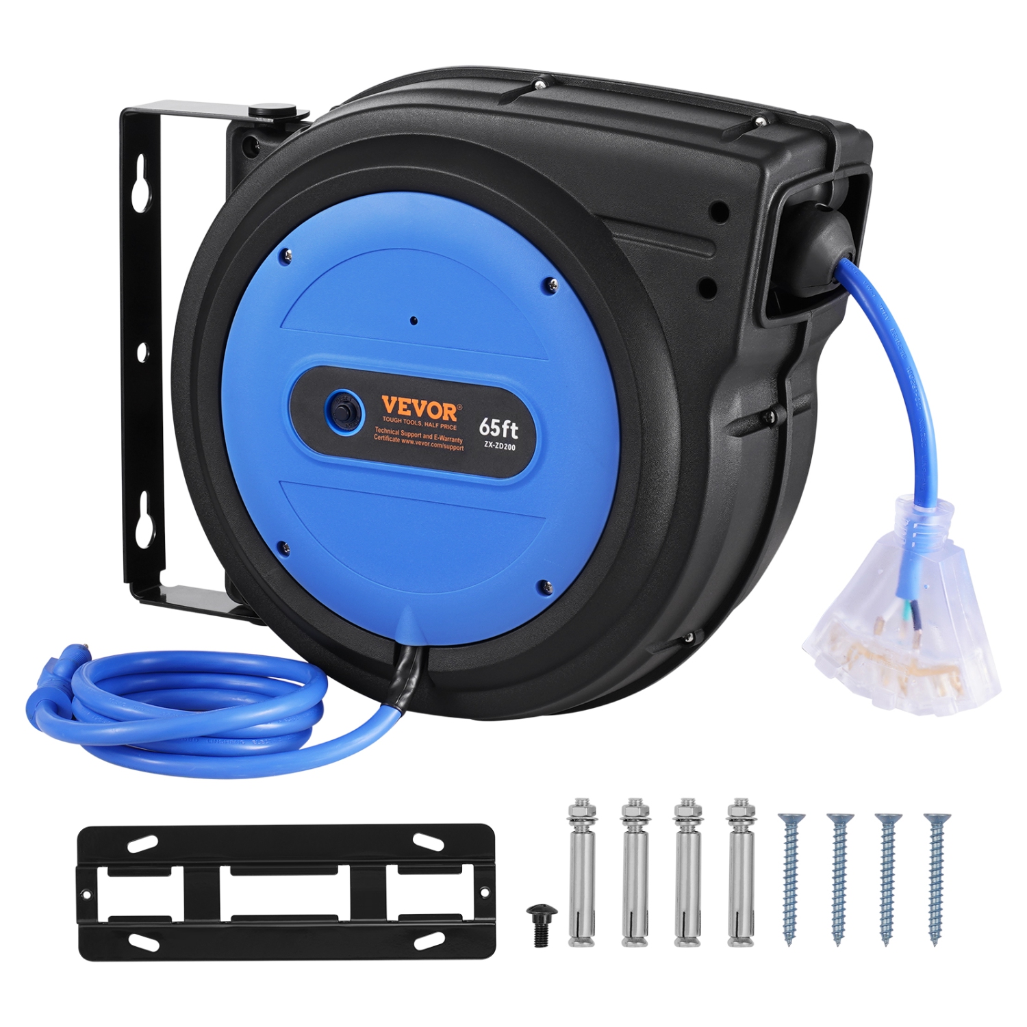 Enrouleur de rallonge rétractable de 65 pi VEVOR, cordon d'alimentation robuste 12AWG/3 SJTOW avec prise triple éclairée, disjoncteur 15&nbsp;A,