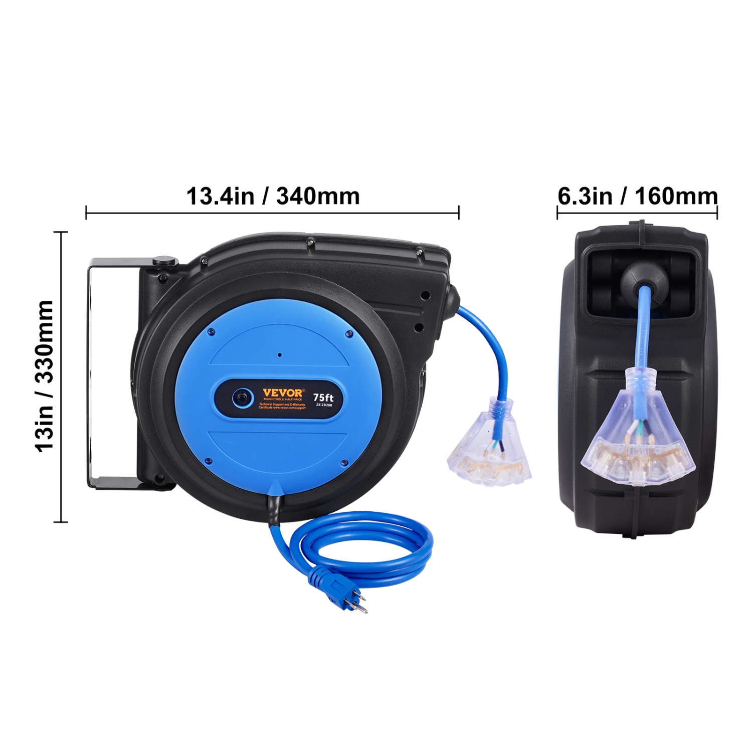 Enrouleur de rallonge rétractable de 75 pi VEVOR, cordon d'alimentation robuste 14AWG/3C SJTOW avec prise triple éclairée, disjoncteur 13&nbsp;A,