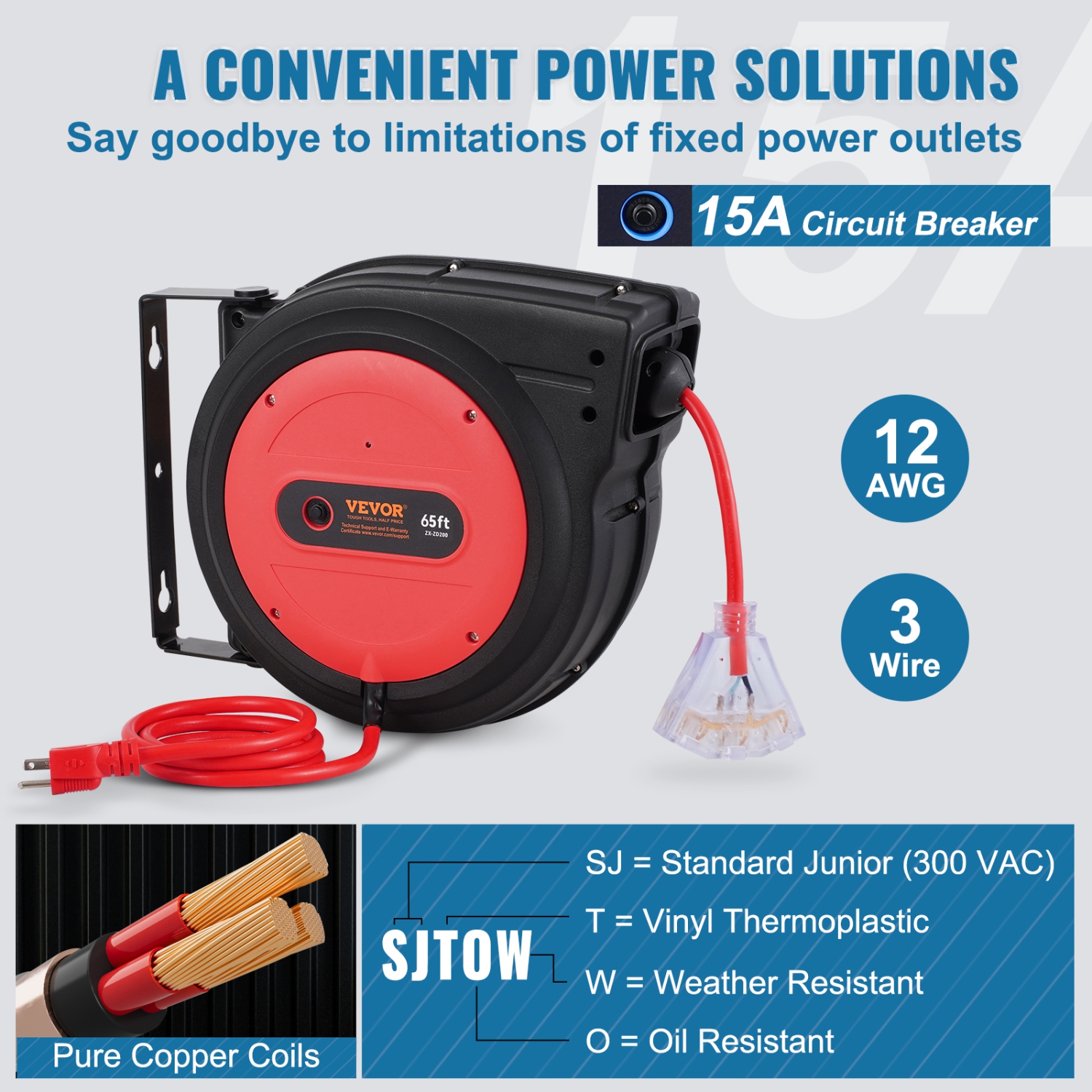 Enrouleur de rallonge rétractable de 65 pi VEVOR, cordon d'alimentation robuste 12AWG/3 SJTOW avec prise triple éclairée, disjoncteur 15&nbsp;A,