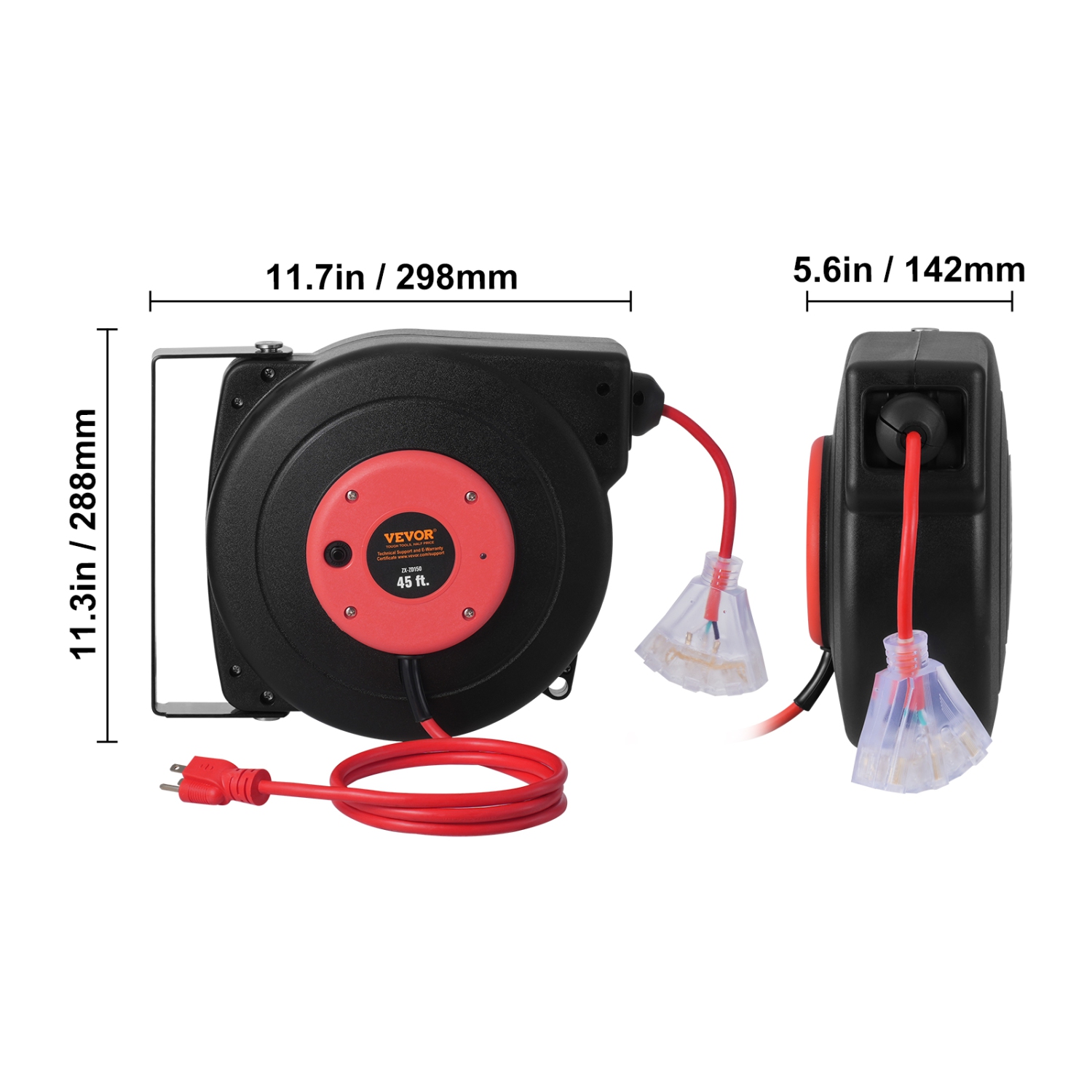 Enrouleur de rallonge rétractable de 45 pi VEVOR, cordon d'alimentation robuste 12AWG/3 SJTOW avec prise triple éclairée, disjoncteur 15&nbsp;A,