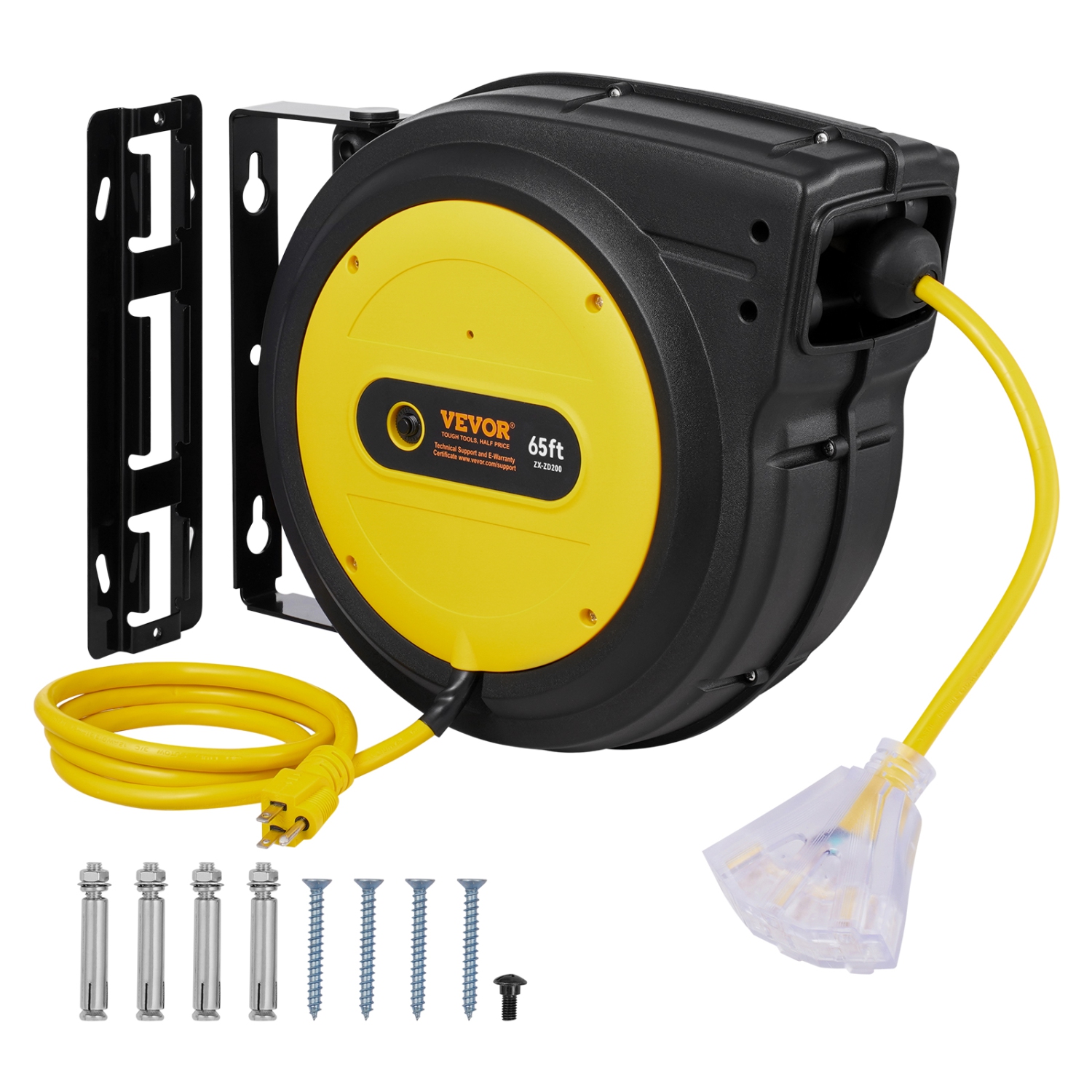 Enrouleur de rallonge rétractable de 65 pi VEVOR, cordon d'alimentation robuste 12AWG/3 SJTOW avec prise triple éclairée, disjoncteur 15&nbsp;A,
