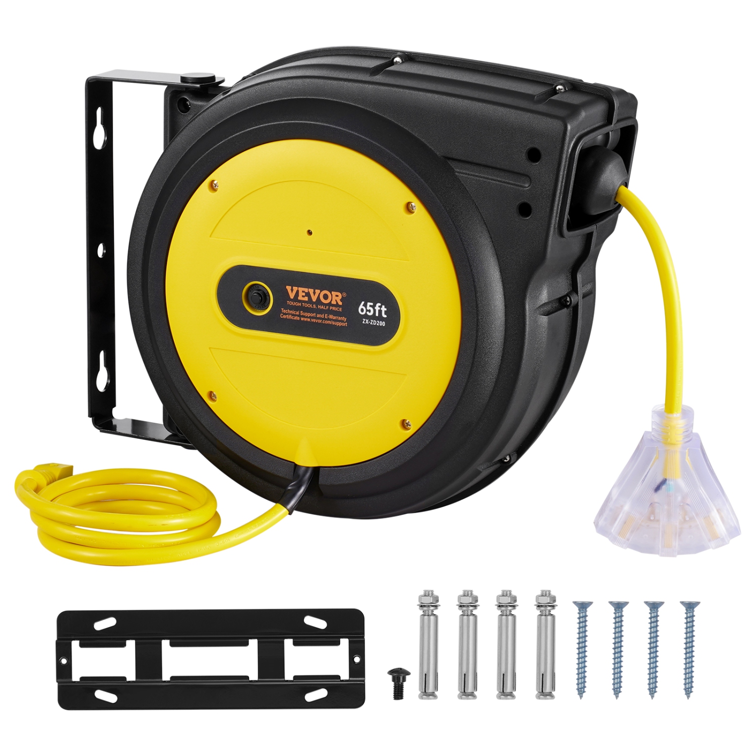 Enrouleur de rallonge rétractable de 65 pi VEVOR, cordon d'alimentation robuste 12AWG/3 SJTOW avec prise triple éclairée, disjoncteur 15&nbsp;A,