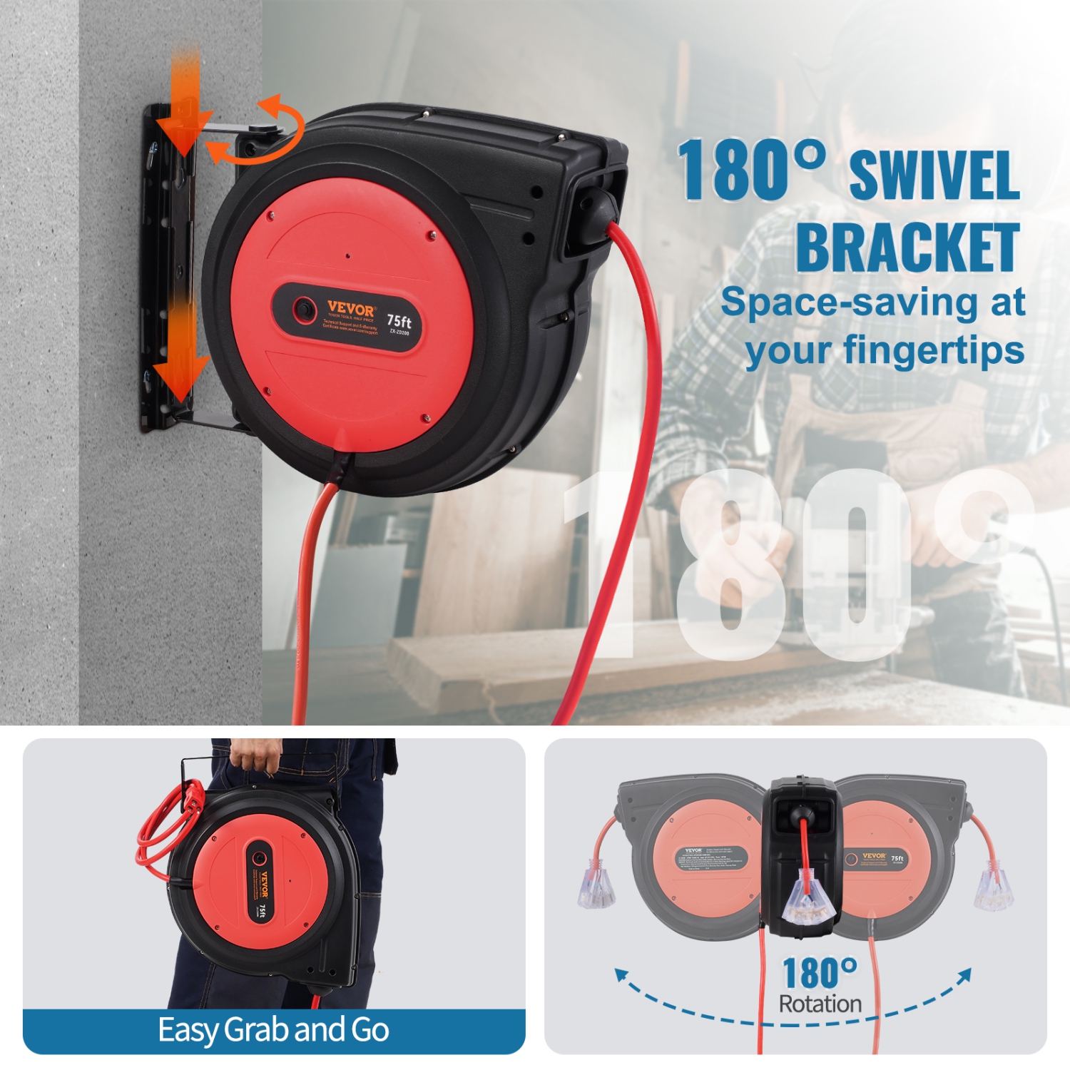 Enrouleur de rallonge rétractable de 75 pi VEVOR, cordon d'alimentation robuste 14AWG/3 SJTOW avec prise triple éclairée, disjoncteur 13&nbsp;A,