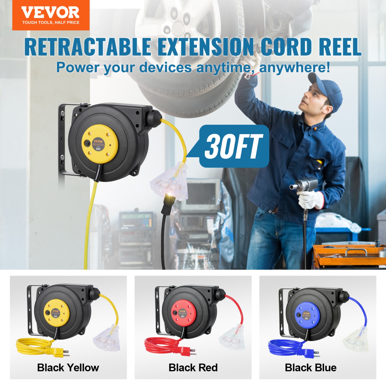VEVOR 30FT Retractable Extension Cord Reel, Heavy Duty 16AWG/3 SJTOW Power Cord Reel with Lighted Triple Tap Outlet, 10A Circuit Breaker, 4.5FT