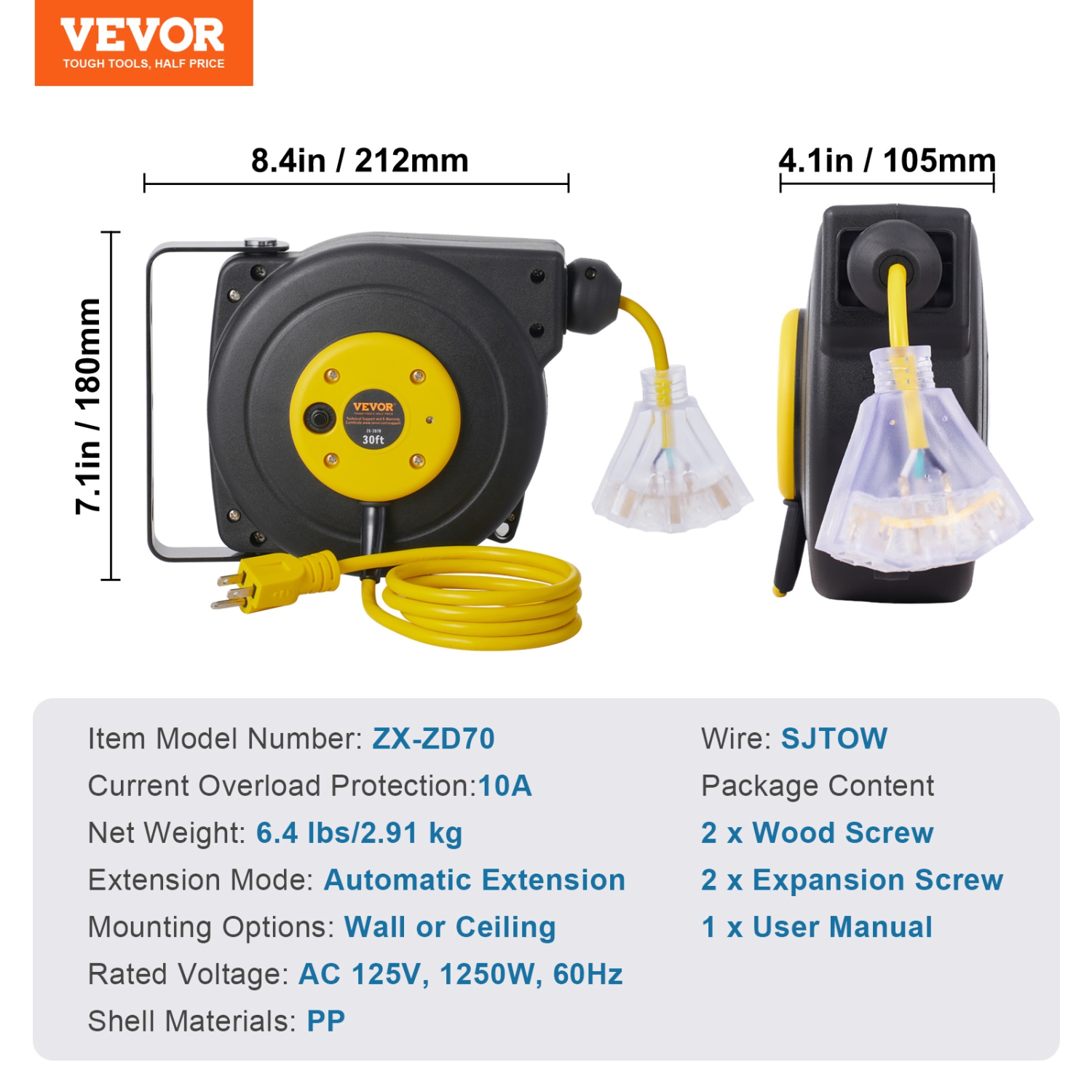 VEVOR 30FT Retractable Extension Cord Reel, Heavy Duty 16AWG/3 SJTOW Power Cord Reel with Lighted Triple Tap Outlet, 10A Circuit Breaker, 4.5FT