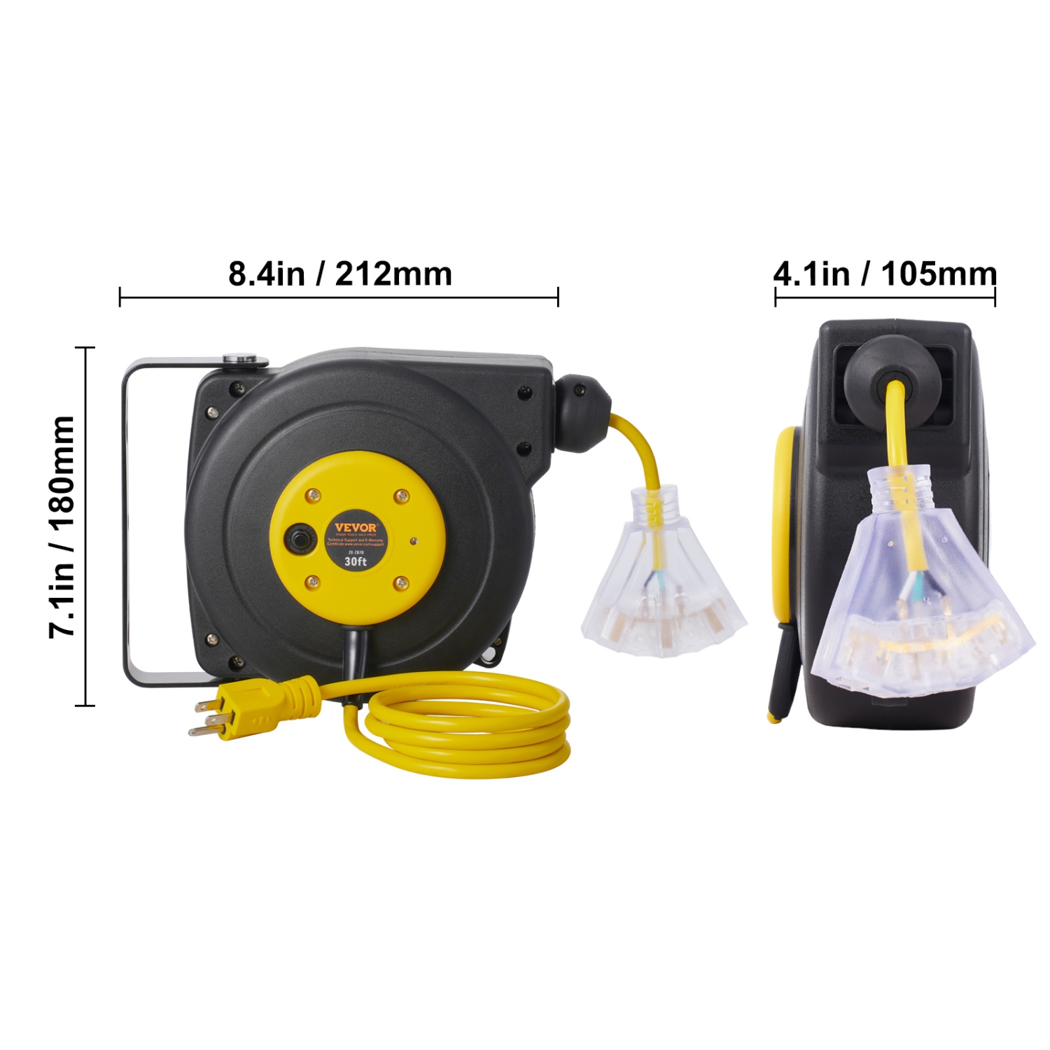 VEVOR 30FT Retractable Extension Cord Reel, Heavy Duty 16AWG/3 SJTOW Power Cord Reel with Lighted Triple Tap Outlet, 10A Circuit Breaker, 4.5FT
