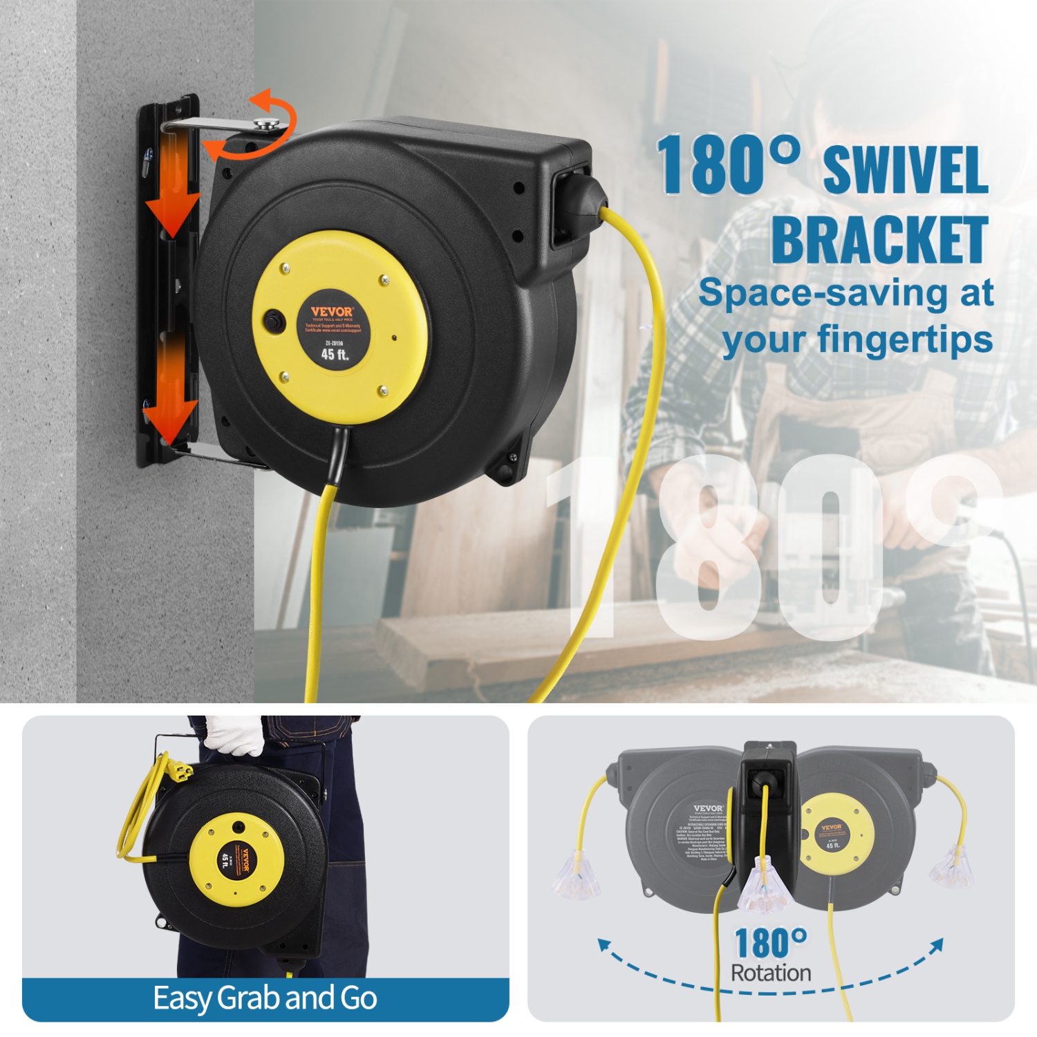 Enrouleur de rallonge rétractable de 45 pi de VEVOR, cordon d'alimentation robuste 12AWG/3 SJTOW avec prise triple éclairée, disjoncteur 15&nbsp;A,