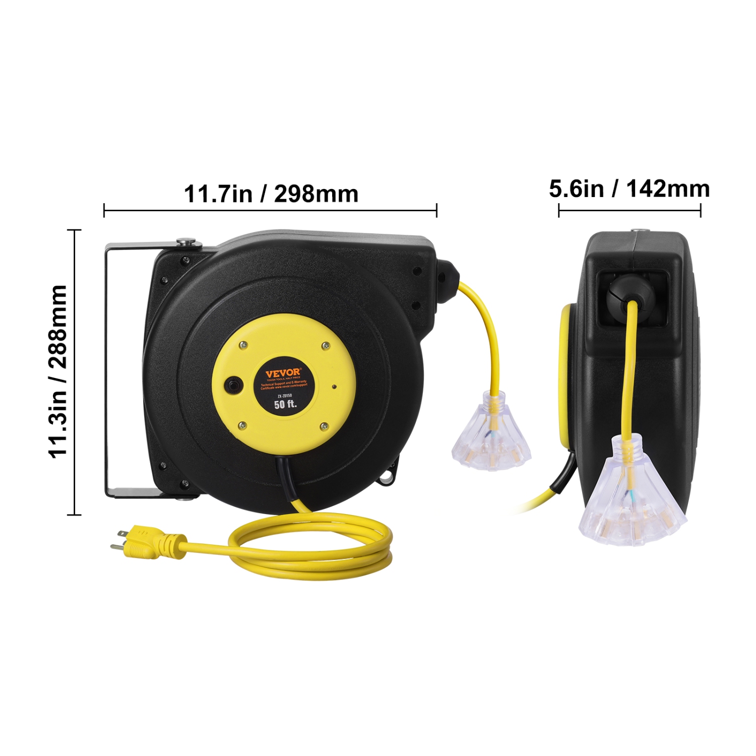 Enrouleur de rallonge rétractable de 50 pi VEVOR, cordon d'alimentation robuste 14AWG/3 SJTOW avec prise triple éclairée, disjoncteur 13&nbsp;A,