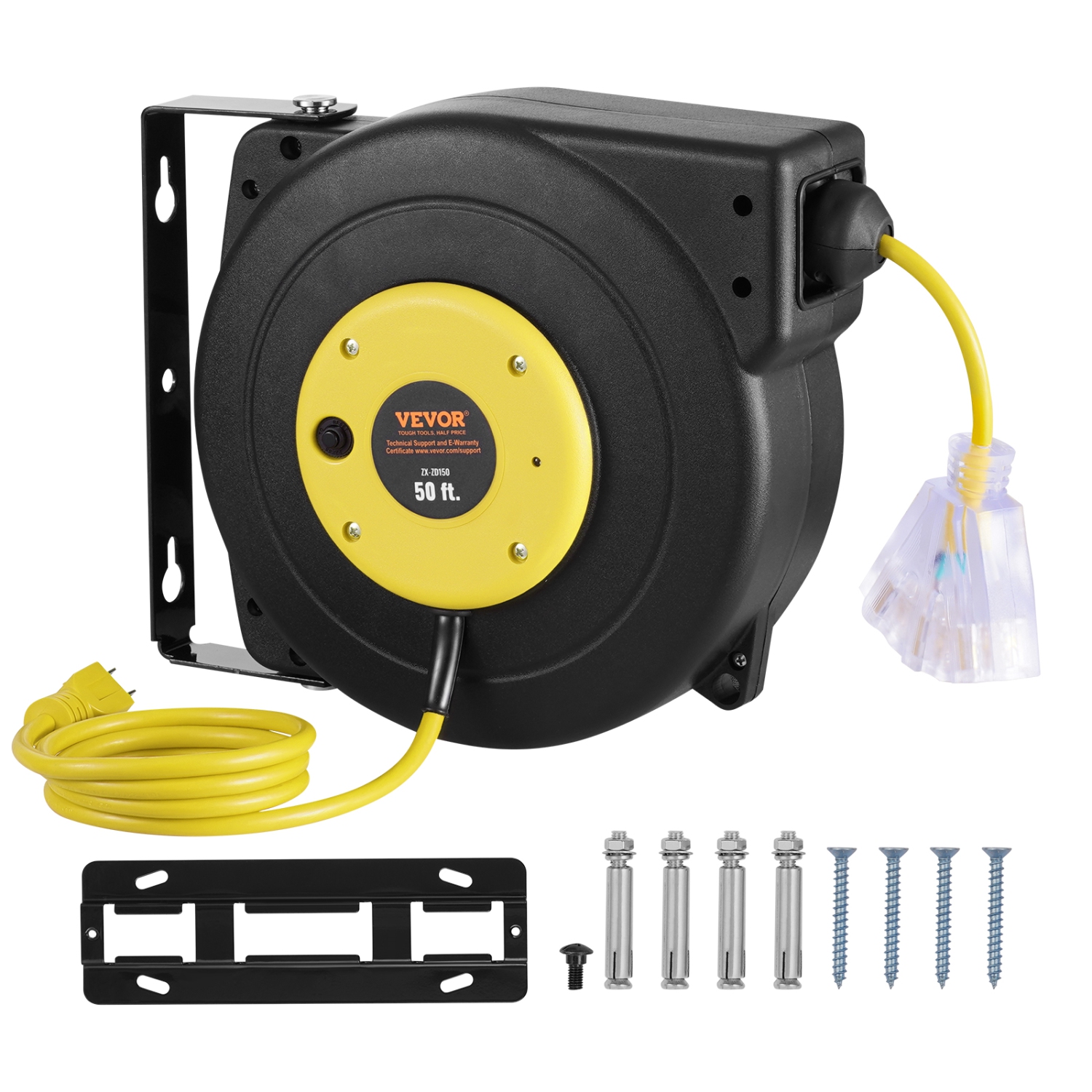 Enrouleur de rallonge rétractable de 50 pi VEVOR, cordon d'alimentation robuste 14AWG/3 SJTOW avec prise triple éclairée, disjoncteur 13&nbsp;A,