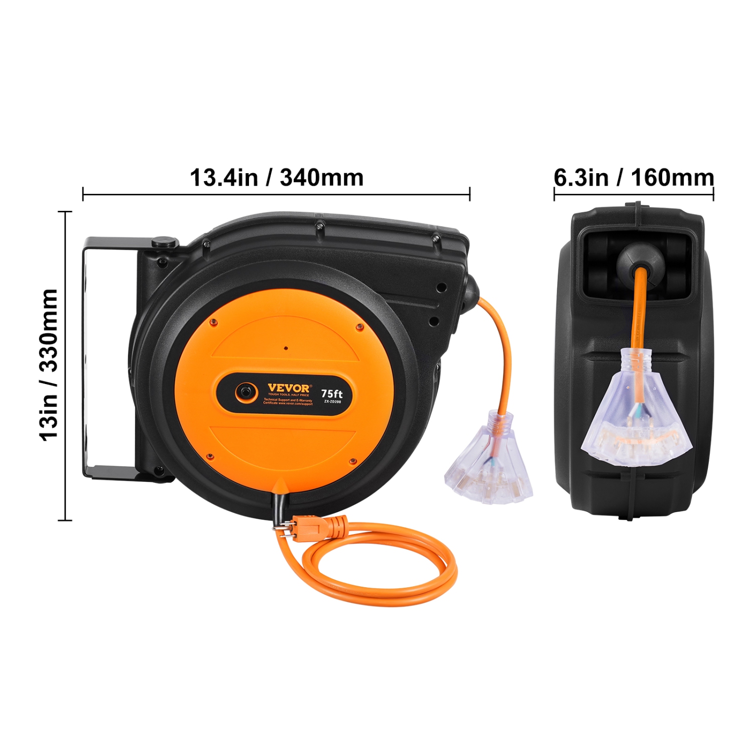 Enrouleur de rallonge rétractable de 75 pi VEVOR, cordon d'alimentation robuste 14AWG/3 SJTOW avec prise triple éclairée, disjoncteur 13&nbsp;A,