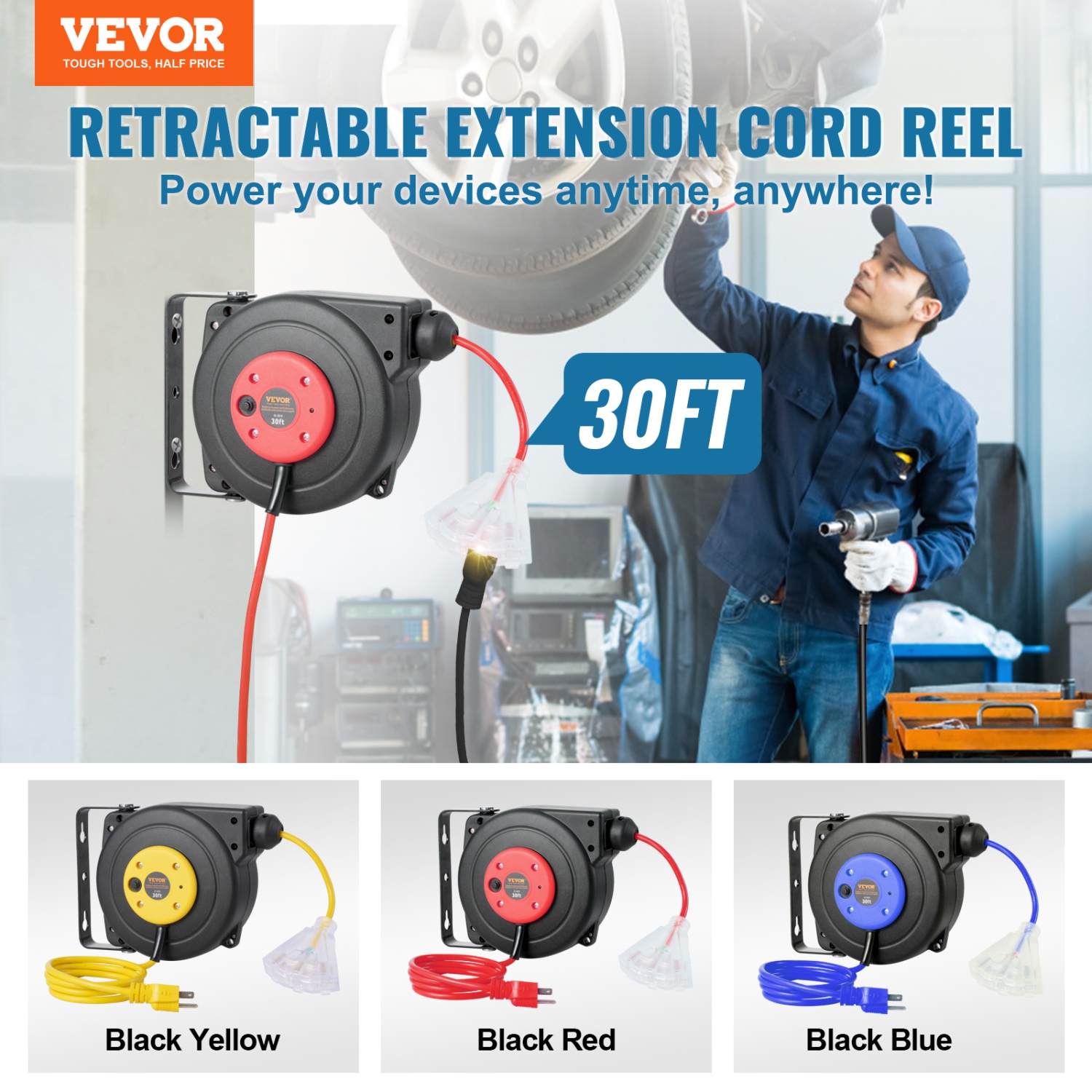 VEVOR 30FT Retractable Extension Cord Reel, Heavy Duty 16AWG/3 SJTOW Power Cord Reel with Lighted Triple Tap Outlet, 10A Circuit Breaker, 4.5FT