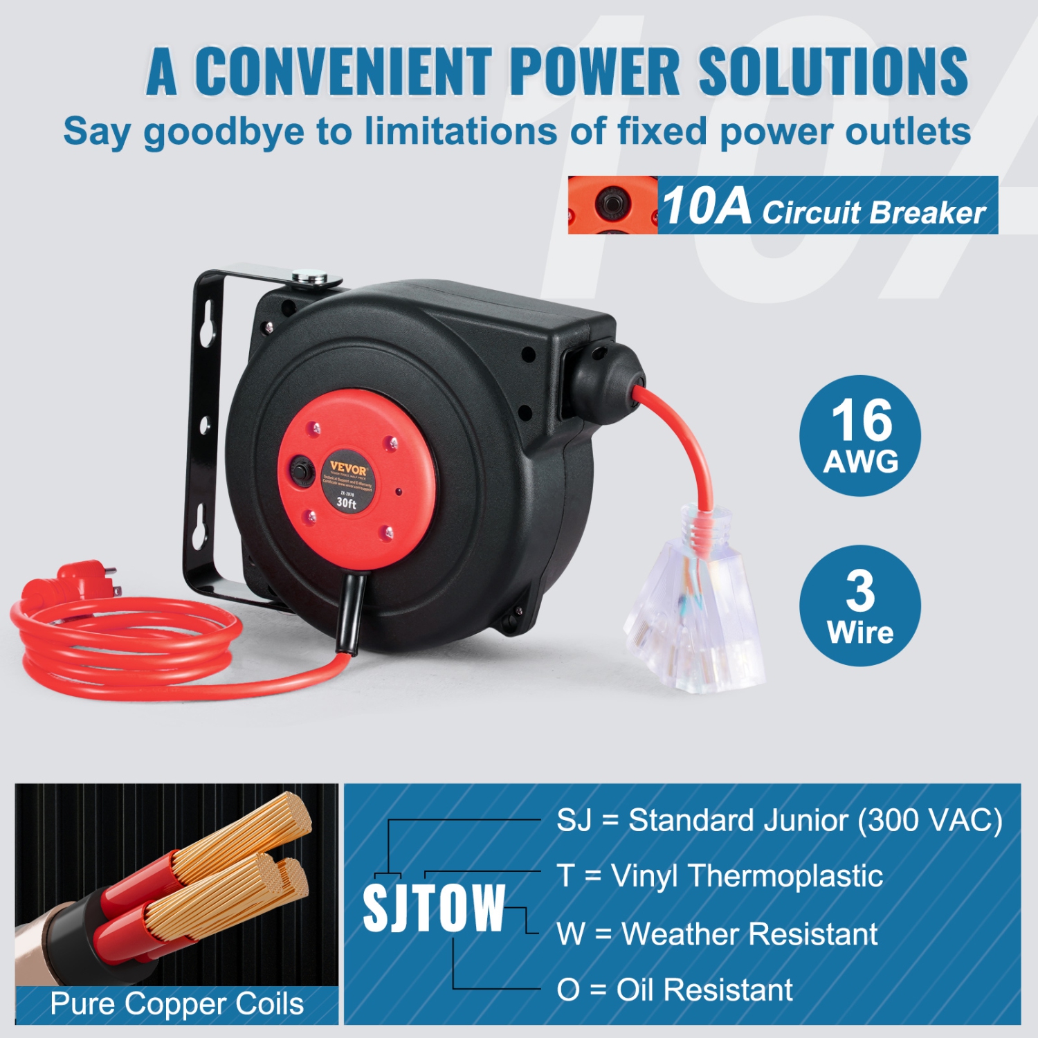VEVOR 30FT Retractable Extension Cord Reel, Heavy Duty 16AWG/3 SJTOW Power Cord Reel with Lighted Triple Tap Outlet, 10A Circuit Breaker, 4.5FT