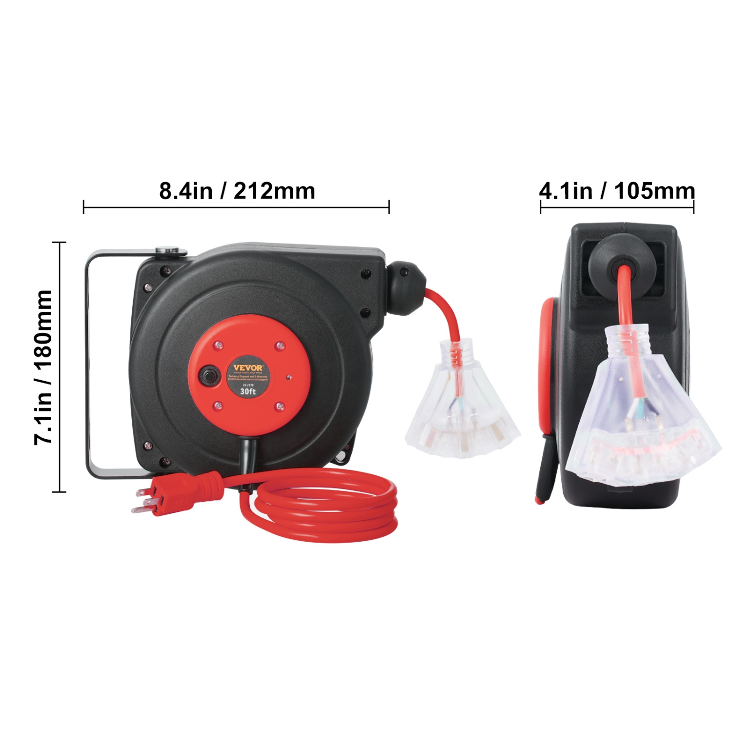 VEVOR 30FT Retractable Extension Cord Reel, Heavy Duty 16AWG/3 SJTOW Power Cord Reel with Lighted Triple Tap Outlet, 10A Circuit Breaker, 4.5FT
