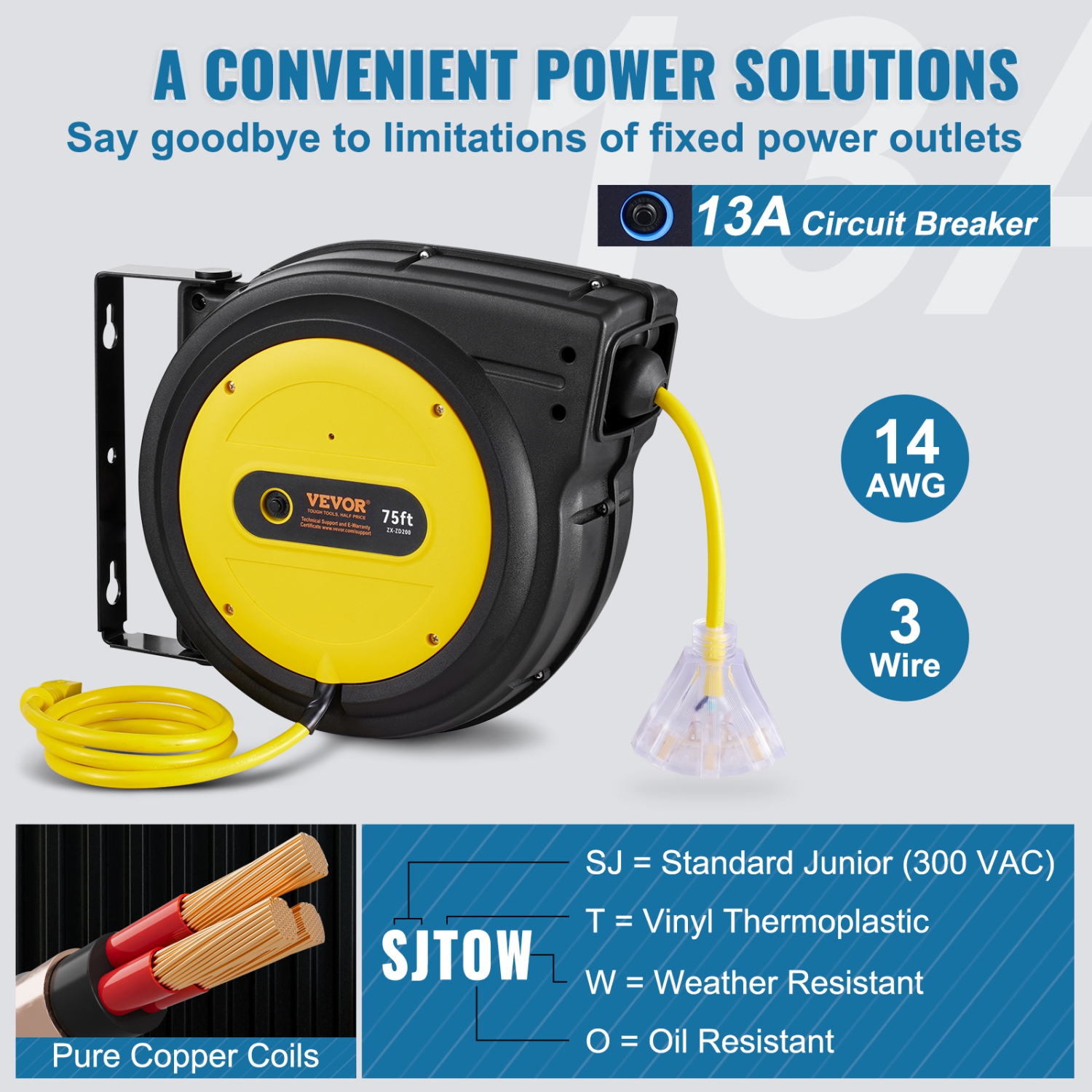 Enrouleur de rallonge rétractable de 75 pi VEVOR, cordon d'alimentation robuste 14AWG/3 SJTOW avec prise triple éclairée, disjoncteur 13&nbsp;A,