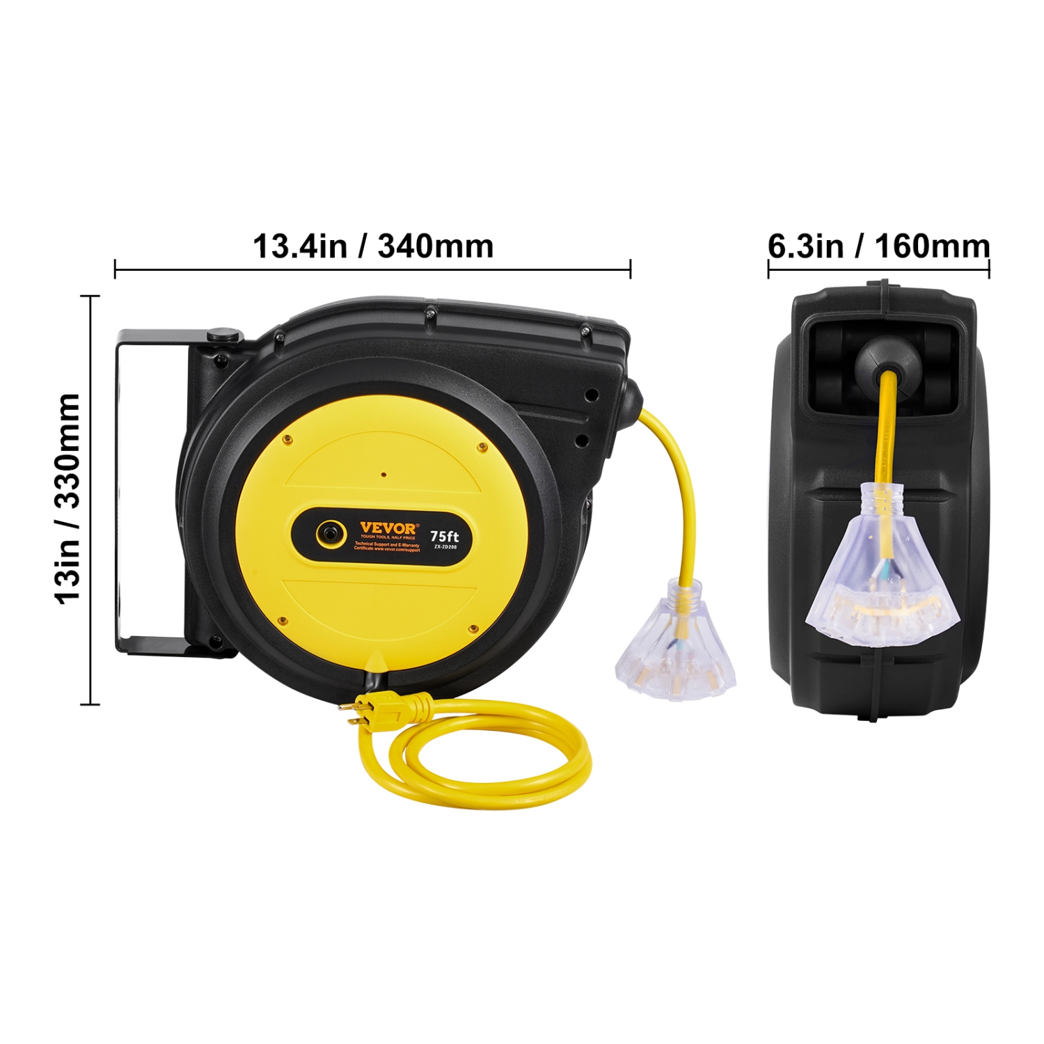 Enrouleur de rallonge rétractable de 75 pi VEVOR, cordon d'alimentation robuste 14AWG/3 SJTOW avec prise triple éclairée, disjoncteur 13&nbsp;A,