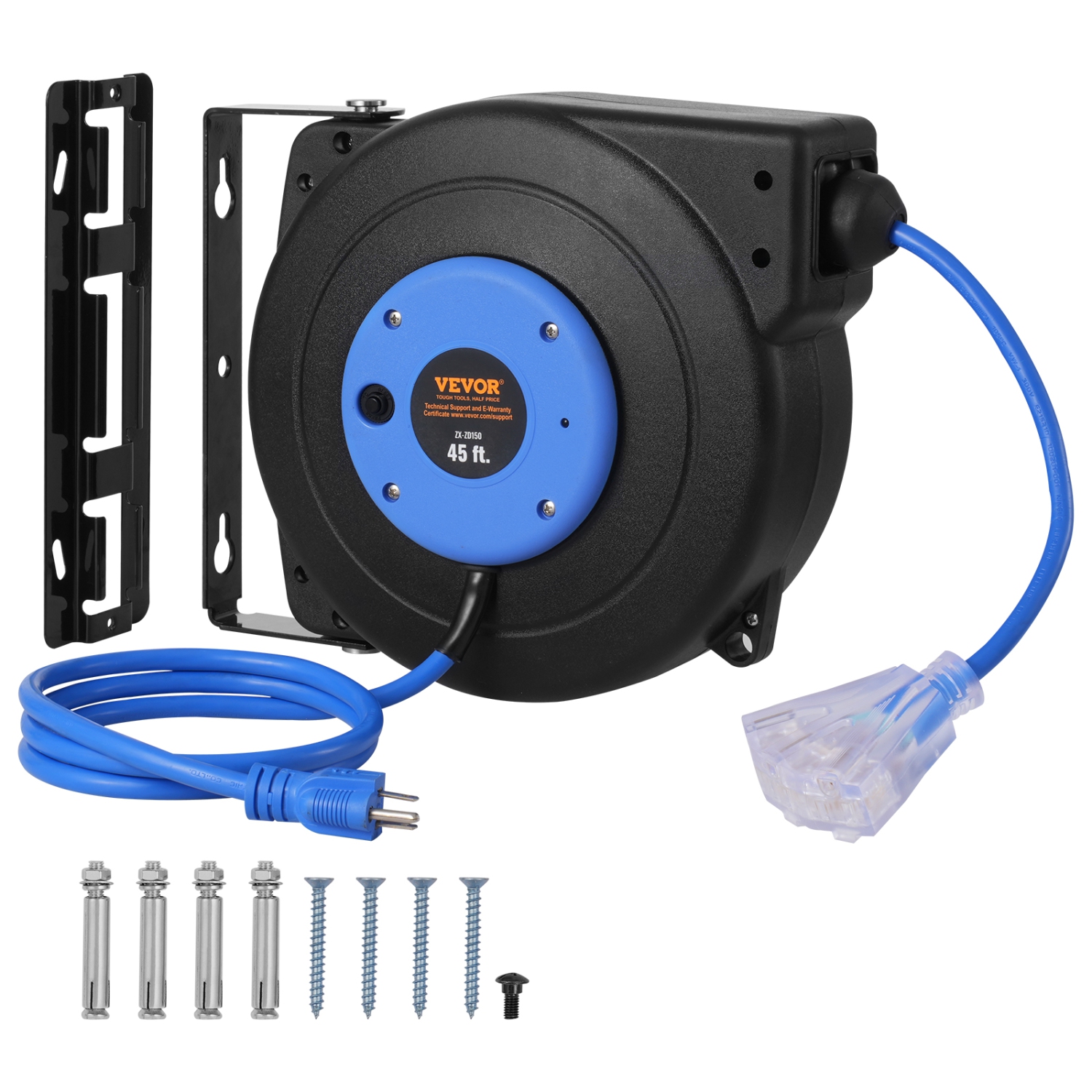 Enrouleur de rallonge rétractable de 45 pi VEVOR, cordon d'alimentation robuste 12AWG/3 SJTOW avec prise triple éclairée, disjoncteur 15&nbsp;A,