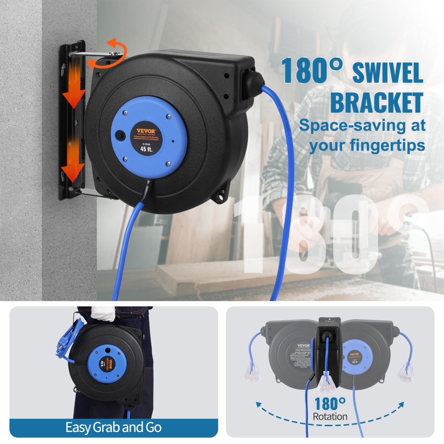 Enrouleur de rallonge rétractable de 45 pi VEVOR, cordon d'alimentation robuste 12AWG/3 SJTOW avec prise triple éclairée, disjoncteur 15&nbsp;A,