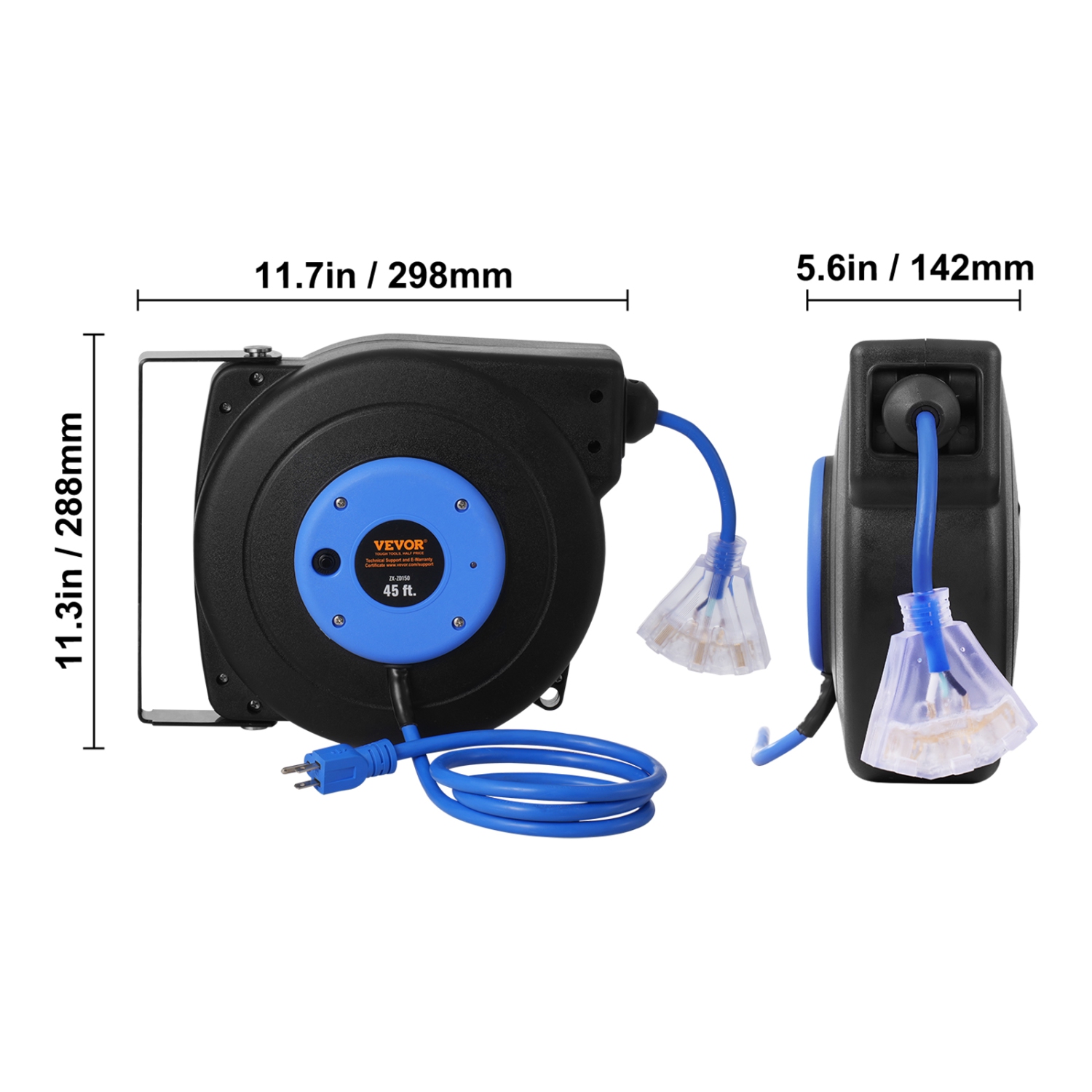 Enrouleur de rallonge rétractable de 45 pi VEVOR, cordon d'alimentation robuste 12AWG/3 SJTOW avec prise triple éclairée, disjoncteur 15&nbsp;A,