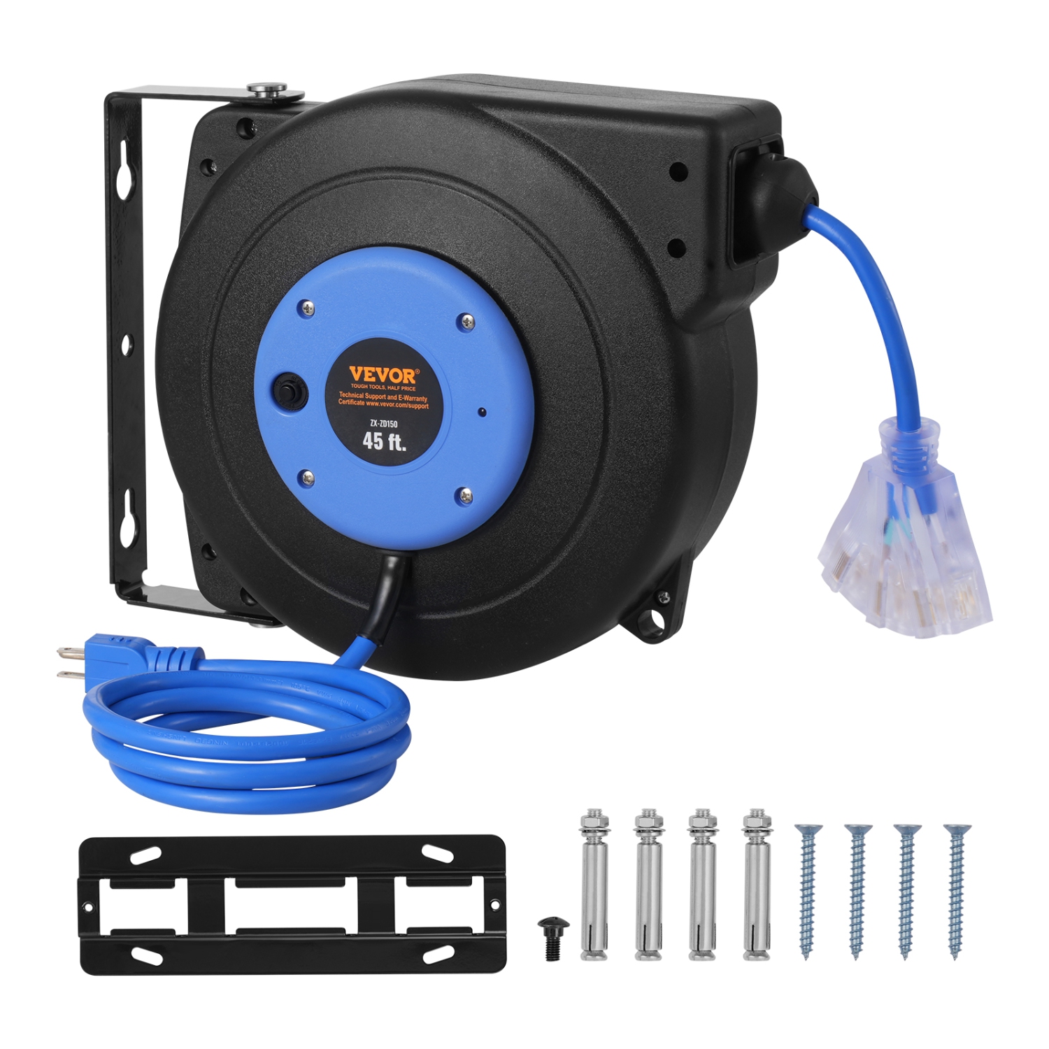 Enrouleur de rallonge rétractable de 45 pi VEVOR, cordon d'alimentation robuste 12AWG/3 SJTOW avec prise triple éclairée, disjoncteur 15&nbsp;A,