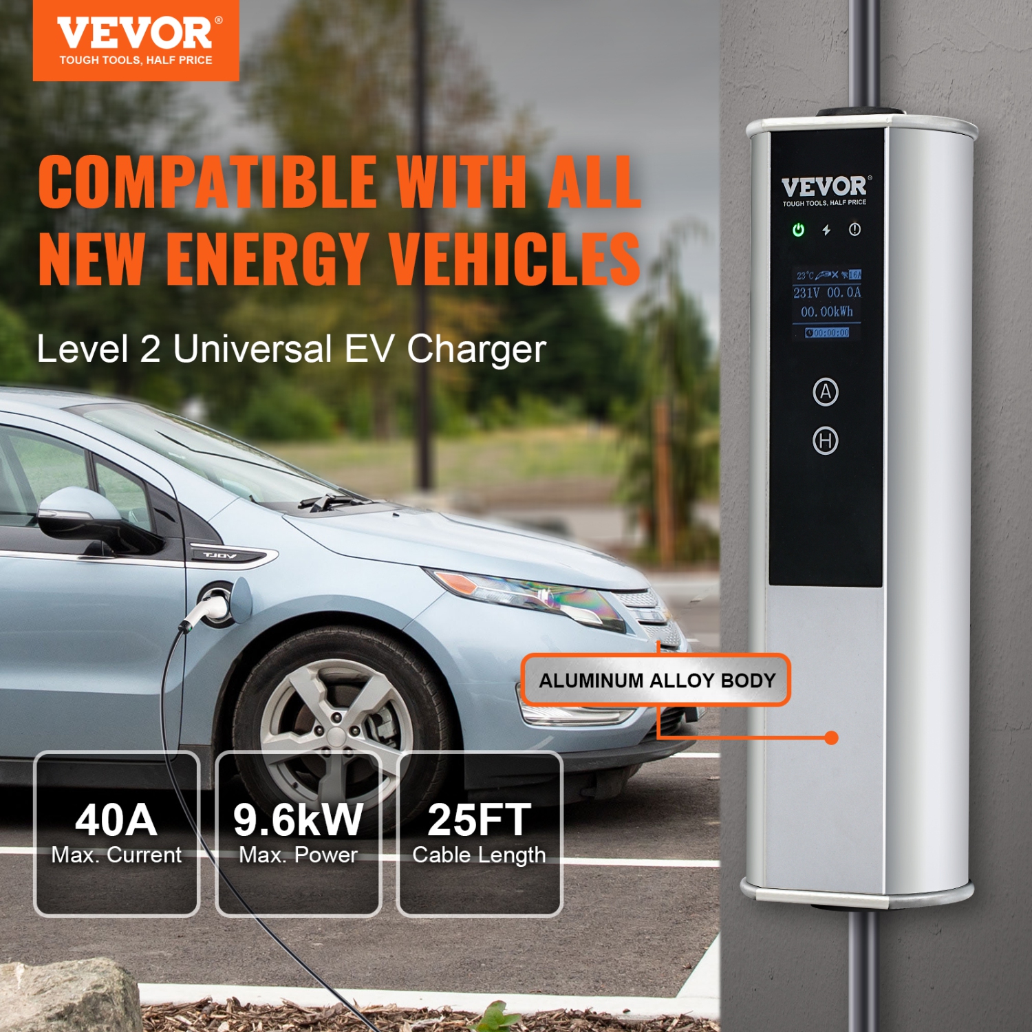 VEVOR Level 2 Portable EV Charger, 40A 240V, Electric Vehicle Charger with 25 ft Charging Cable NEMA 14-50P Plug, 16/24/32/40A Adjustable Home EV