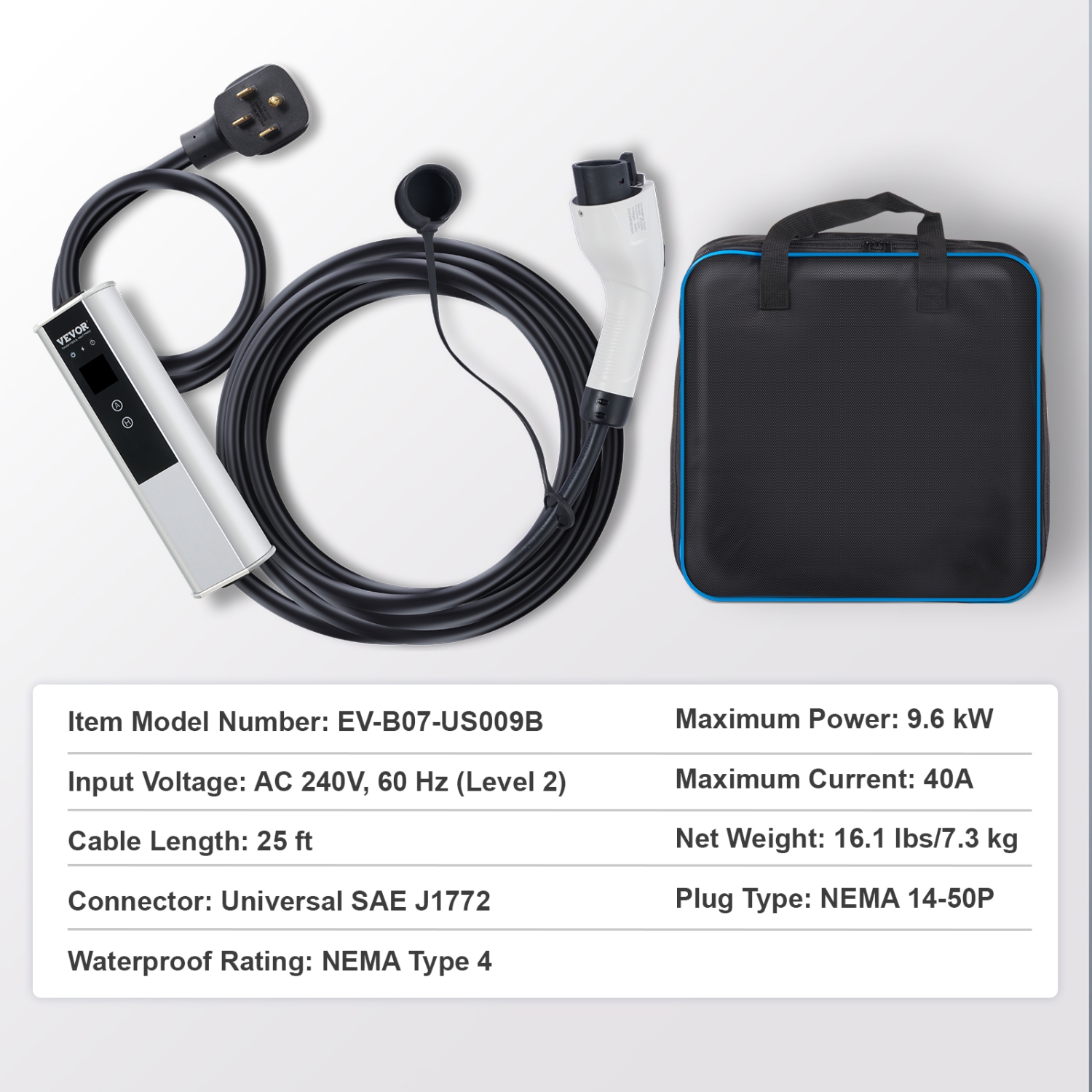 VEVOR Level 2 Portable EV Charger, 40A 240V, Electric Vehicle Charger with 25 ft Charging Cable NEMA 14-50P Plug, 16/24/32/40A Adjustable Home EV