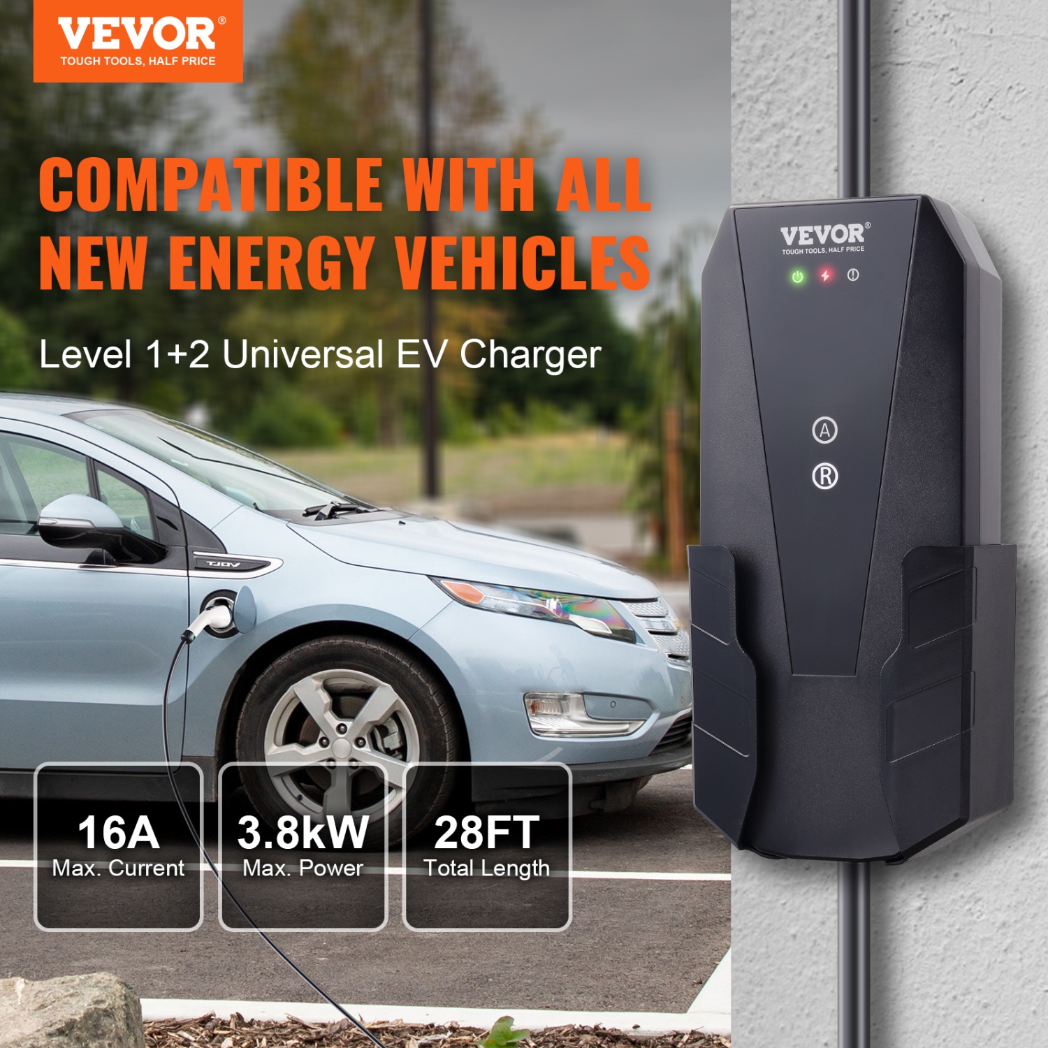 VEVOR Level 1+2 Portable EV Charger, 16A 120V/240V, Electric Vehicle Charger with 28Ft Charging Cable NEMA 6-20P Plug NEMA 5-15 Adapter,Home EV