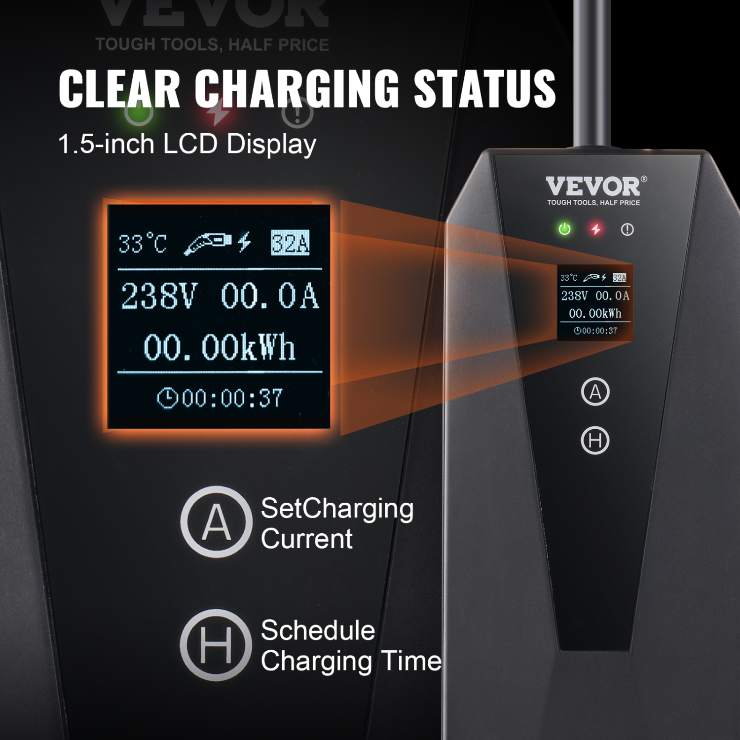 VEVOR Level 2 Portable EV Charger, 32A 240V, Electric Vehicle Charger with 28 ft Charging Cable NEMA 14-50P Plug, 16/20/24/32A Adjustable Home EV