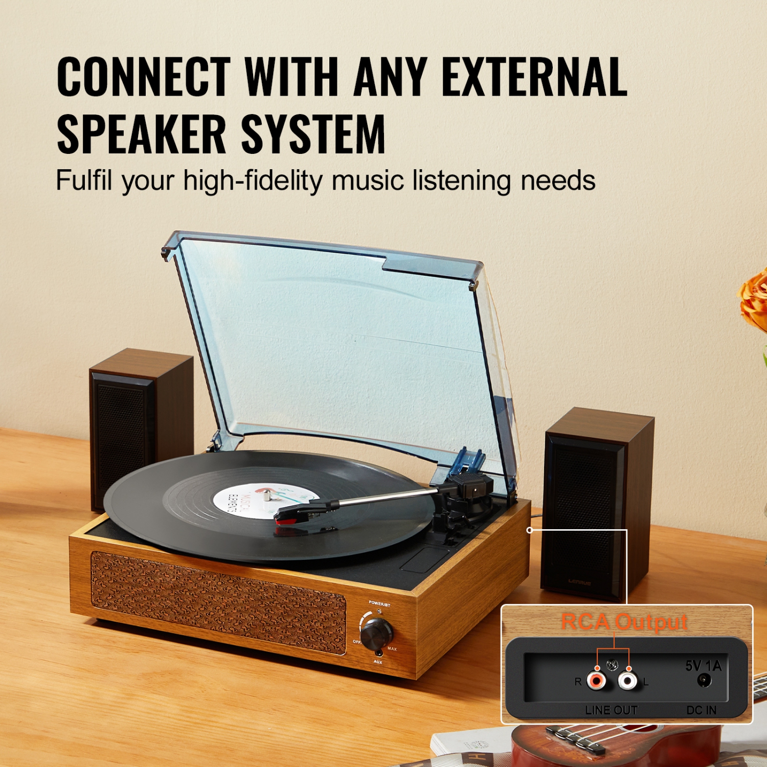 VEVOR Vinyl Record Player, 3 Speed Belt Driven Turntable Player with 3W Speaker Magnetic Cartridge, Support 33/45/78RPM Bluetooth/Aux in/RCA Output,