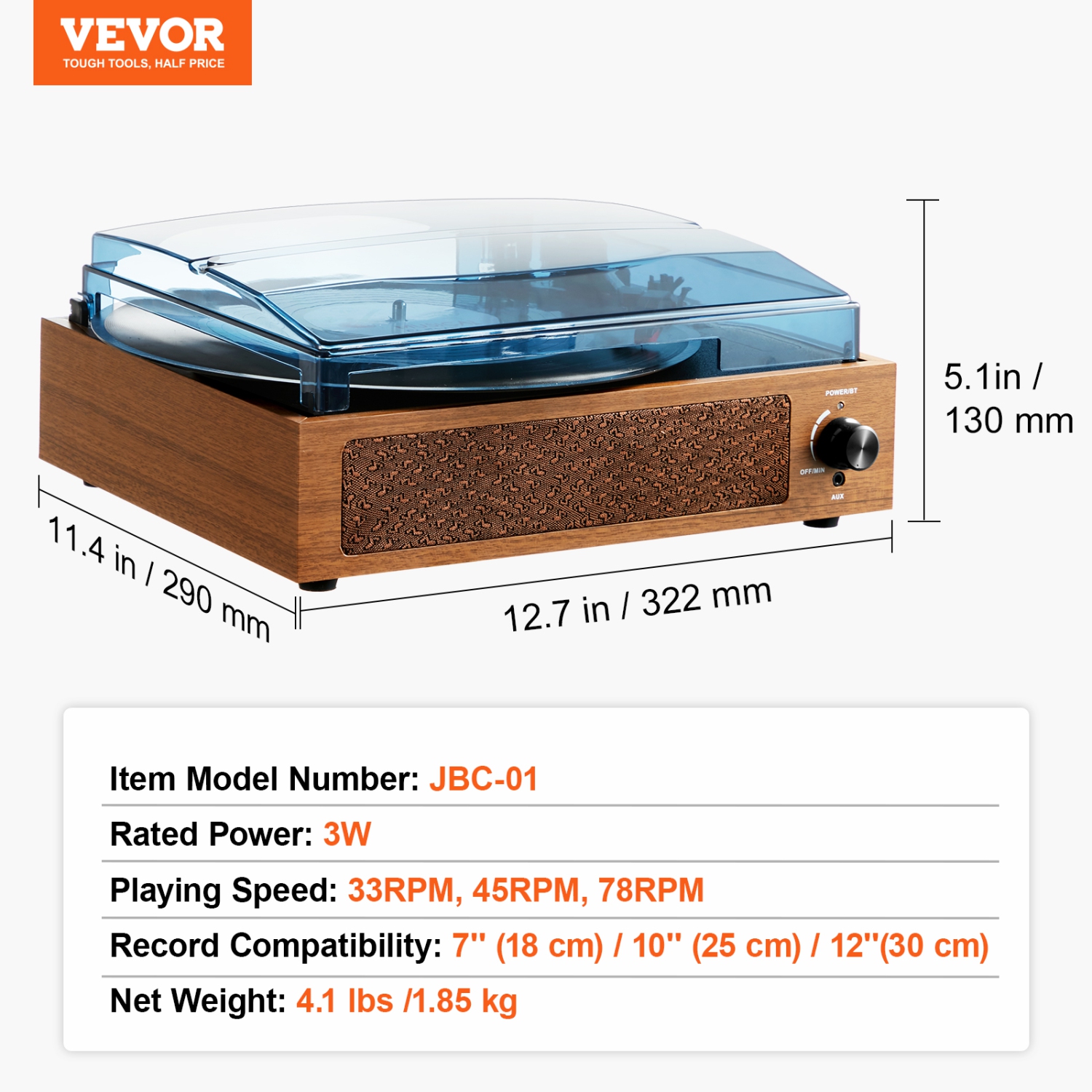 VEVOR Vinyl Record Player, 3 Speed Belt Driven Turntable Player with 3W Speaker Magnetic Cartridge, Support 33/45/78RPM Bluetooth/Aux in/RCA Output,