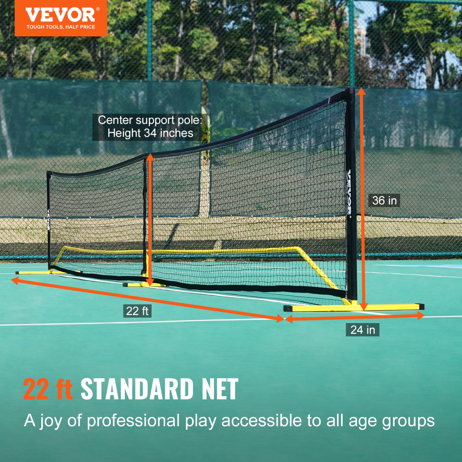 VEVOR Portable Pickleball Net System, 22FT Regulation Net, Weather Resistant Steady Metal Frame & Strong PE Net, Outdoor Game Sports Net with