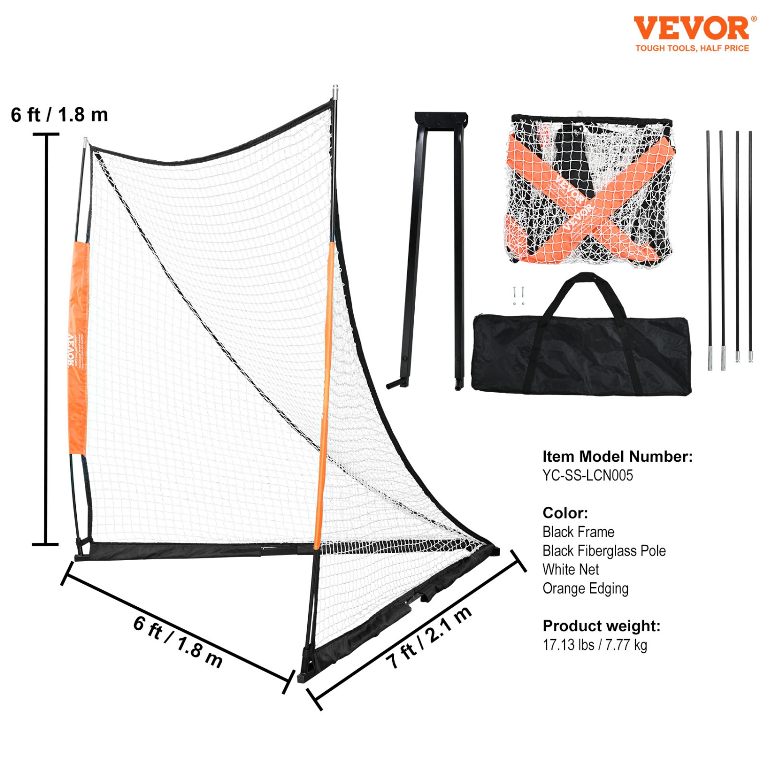 VEVOR 6' x 6' Lacrosse Goal, Lacrosse Net, Portable Lacrosse Goal with Carry Bag, Fiberglass Rod Backyard Lacrosse Training Equipment