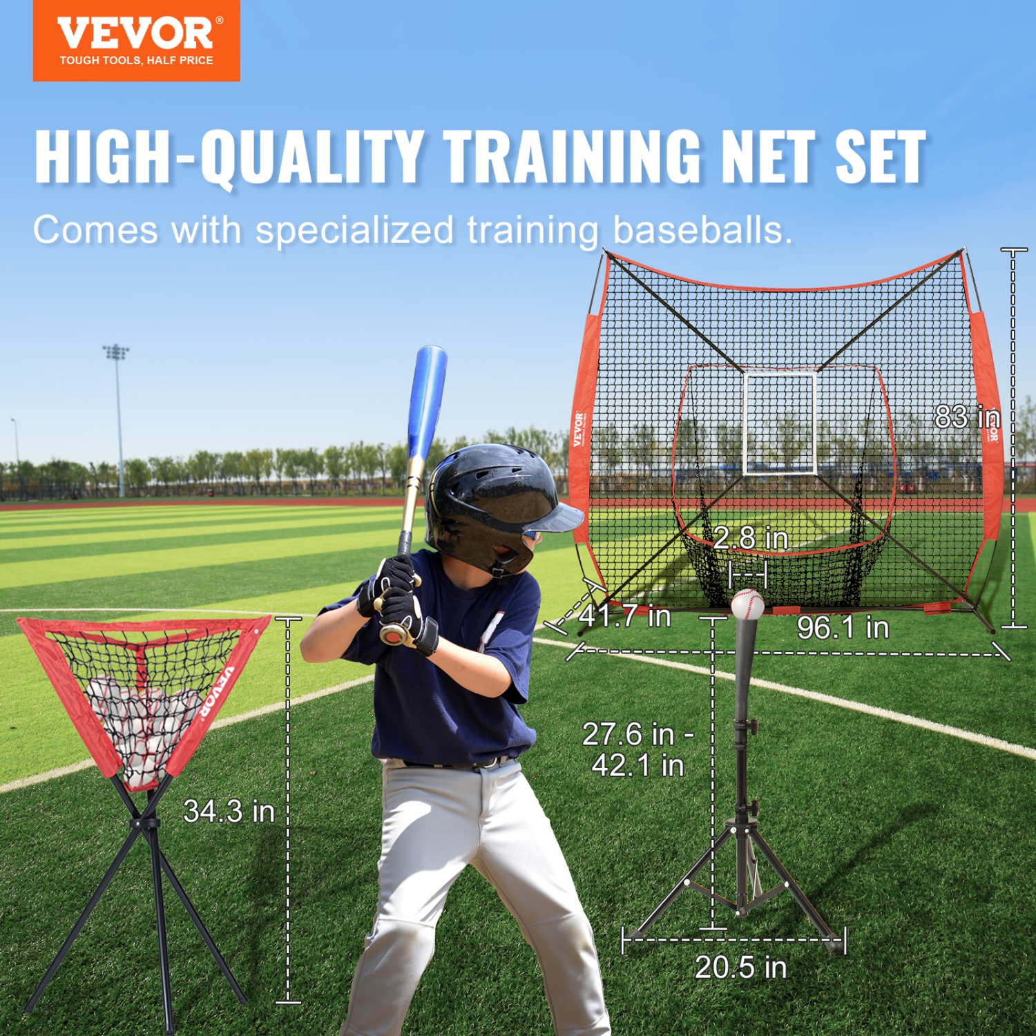 VEVOR 7x7 ft Baseball Softball Practice Net, Portable Baseball Training Net for Hitting Catching Pitching, with Bow Frame, Carry Bag, Strike Zone, 12