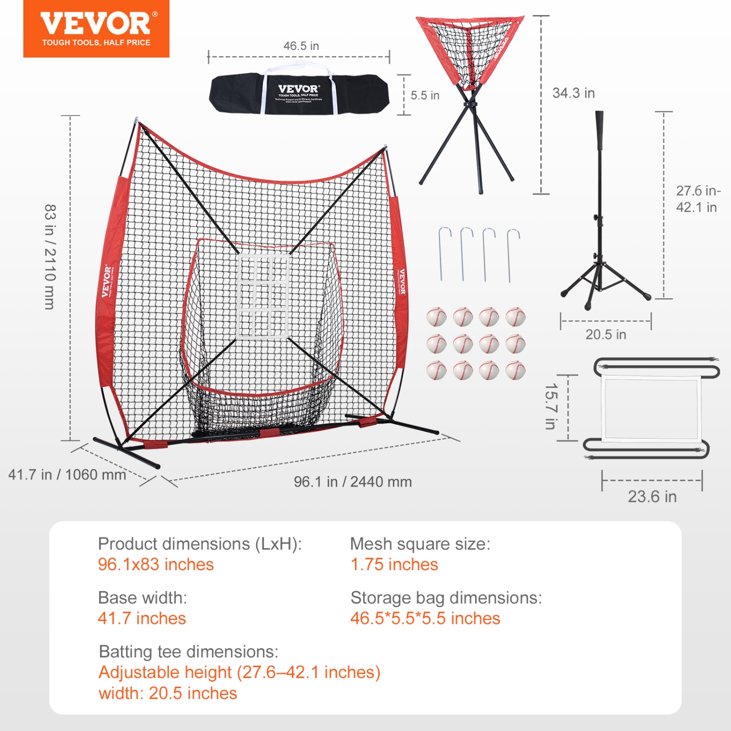 VEVOR 7x7 ft Baseball Softball Practice Net, Portable Baseball Training Net for Hitting Catching Pitching, with Bow Frame, Carry Bag, Strike Zone, 12