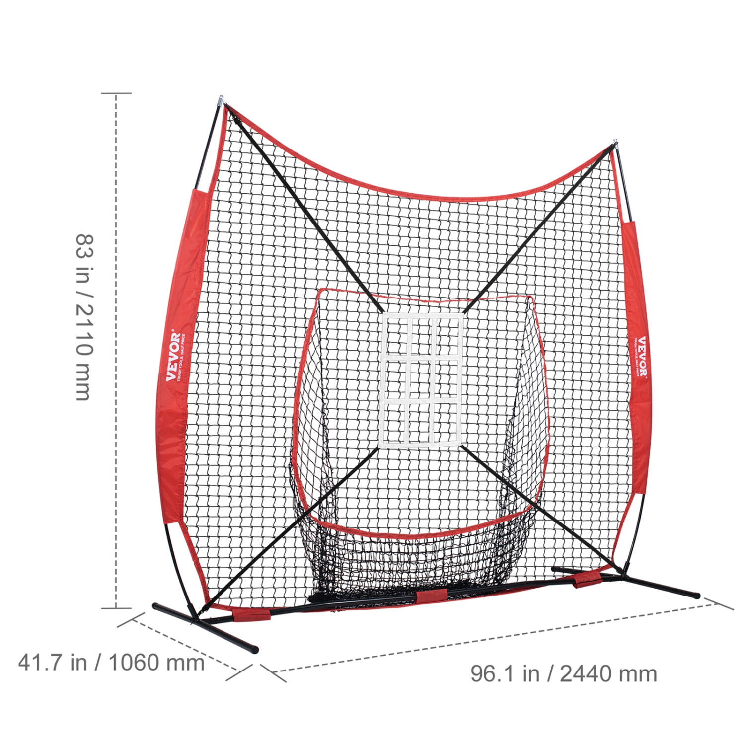 VEVOR 7x7 ft Baseball Softball Practice Net, Portable Baseball Training Net for Hitting Catching Pitching, with Bow Frame, Carry Bag, Strike Zone, 12