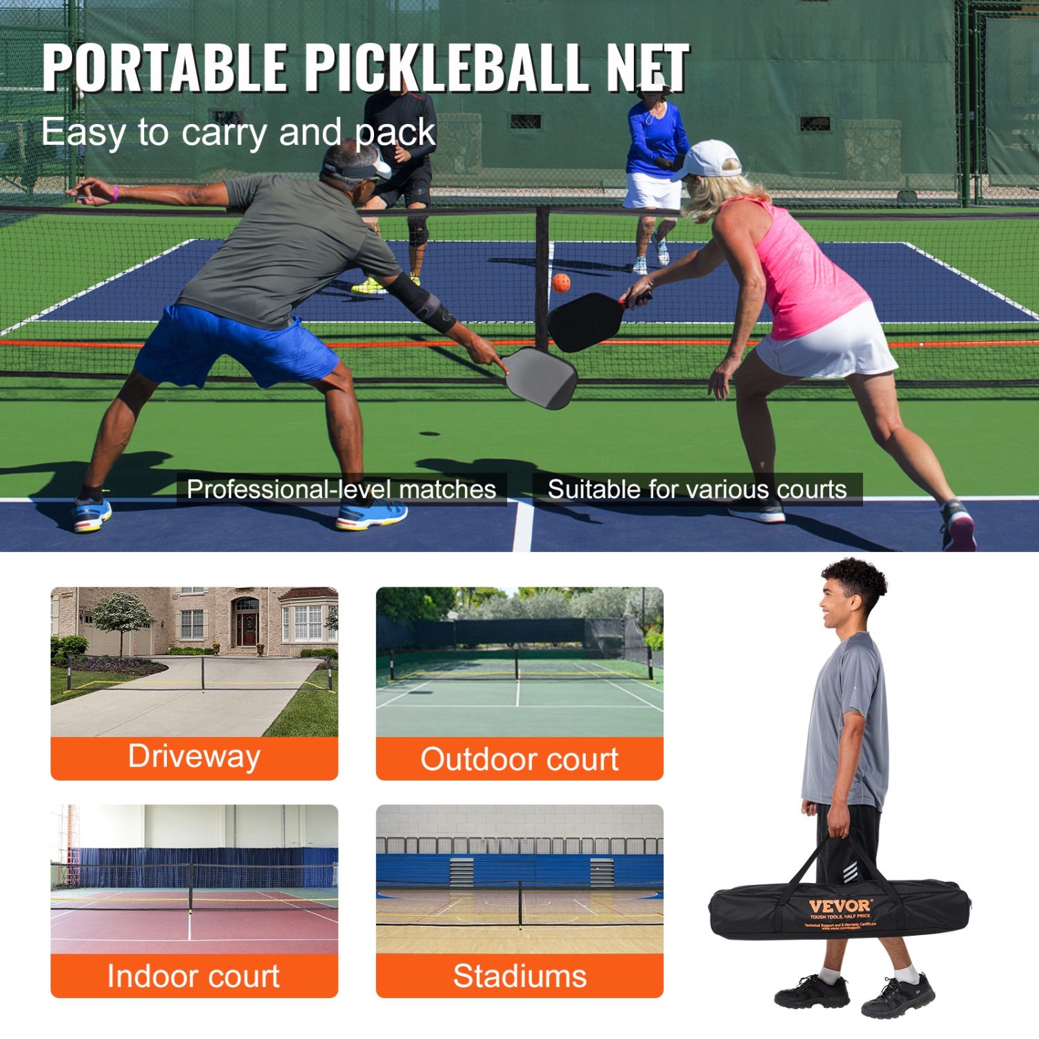 VEVOR 22FT Pickleball Net Set, Regulation Size Portable Pickleball System with Bags, Balls, Paddles, Wheels, and Court Lines, Weather Resistant Metal