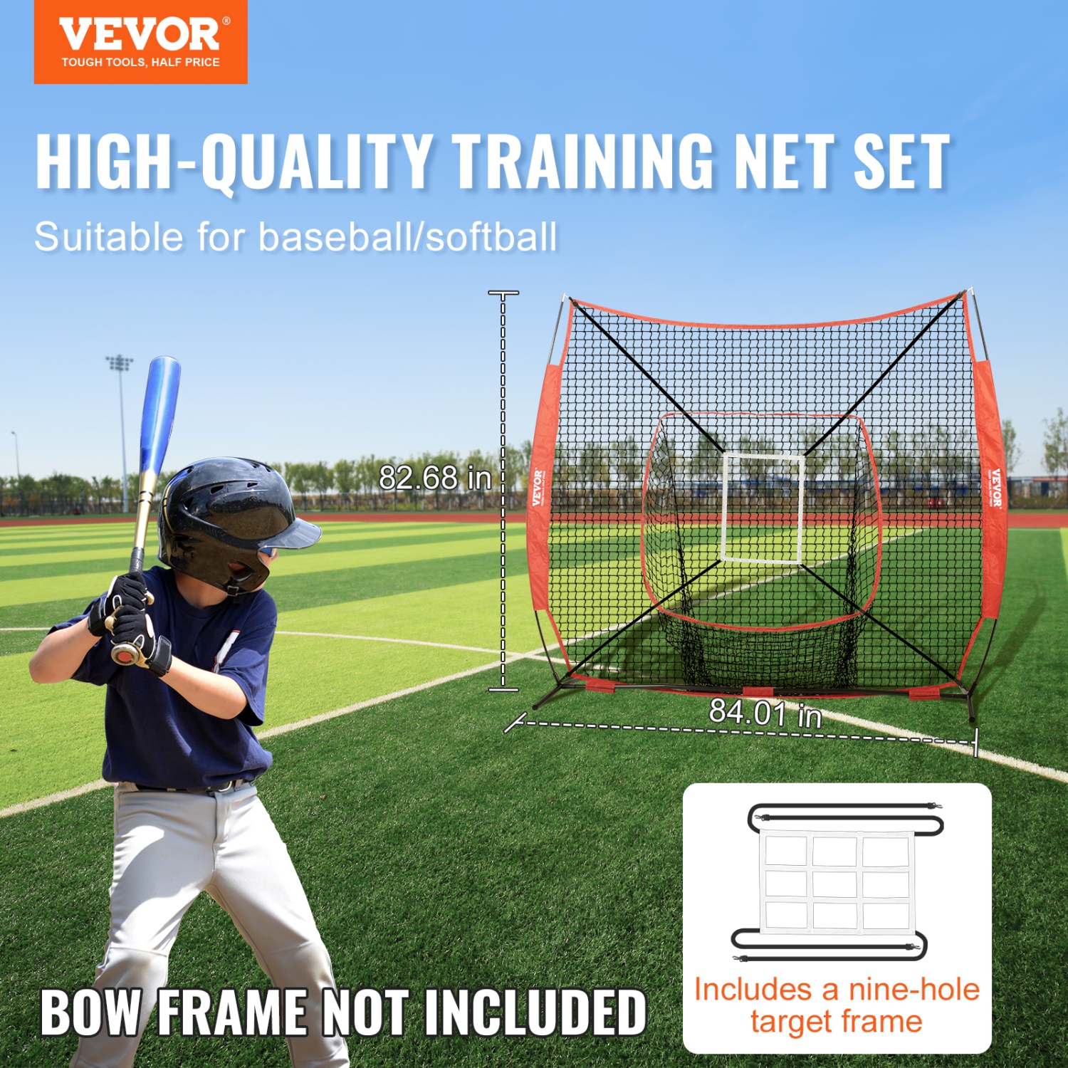 VEVOR 7x7 ft Baseball Softball Practice Net, for Hitting Batting Catching Pitching, Backstop Baseball Equipment Training Aids with Strike Zone
