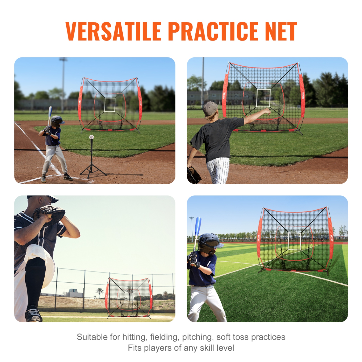 VEVOR 7x7 ft Baseball Softball Practice Net, for Hitting Batting Catching Pitching, Backstop Baseball Equipment Training Aids with Strike Zone
