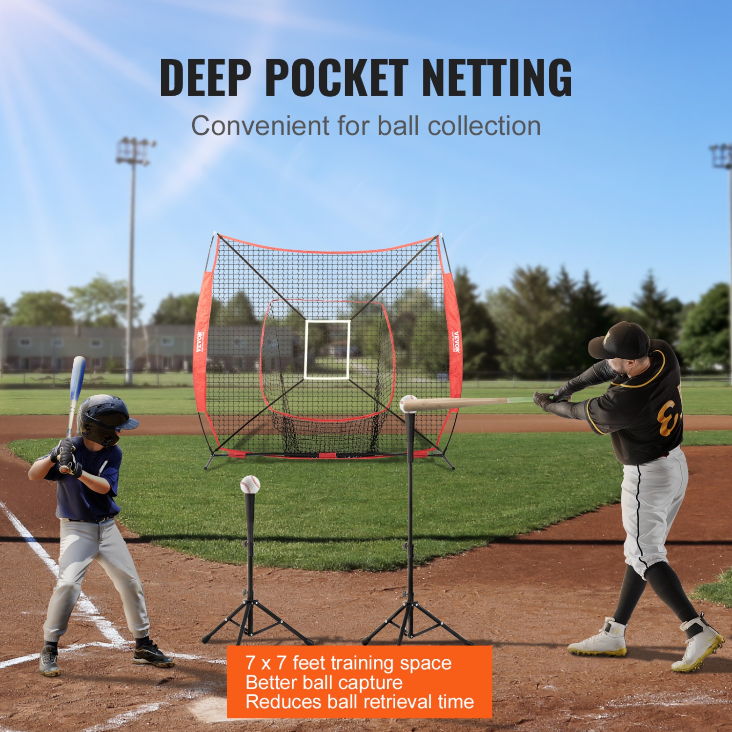 VEVOR 7x7 ft Baseball Softball Practice Net, for Hitting Batting Catching Pitching, Backstop Baseball Equipment Training Aids with Strike Zone